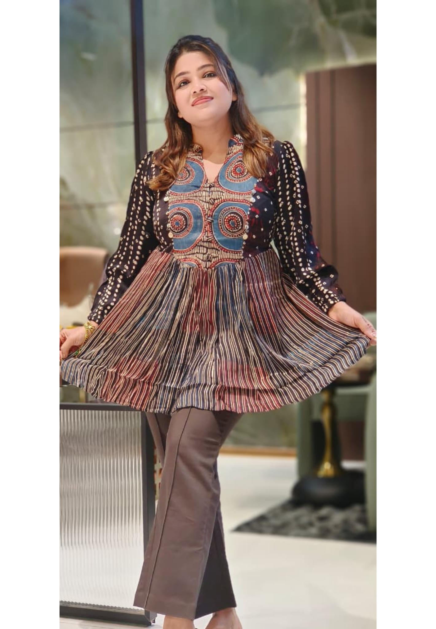 Handcrafted Gajji Silk Short Kurti with Traditional Ajrakh Print, Mirror Work Detailing & Multi-Pattern Panel Design-12762