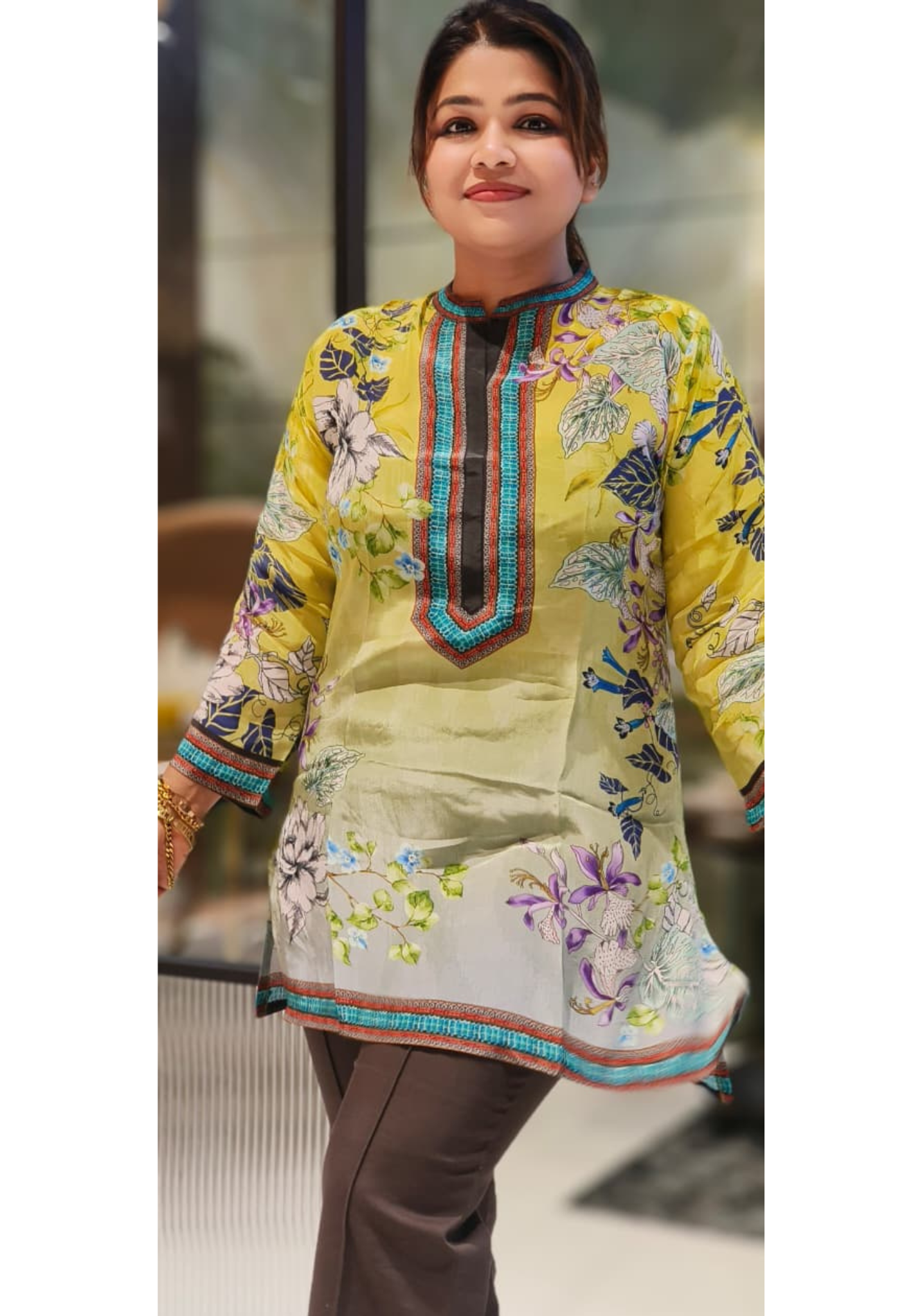 Digital Floral Meadow Beautiful Neckline Vibrant Crepe Short Kurti Only- 12740