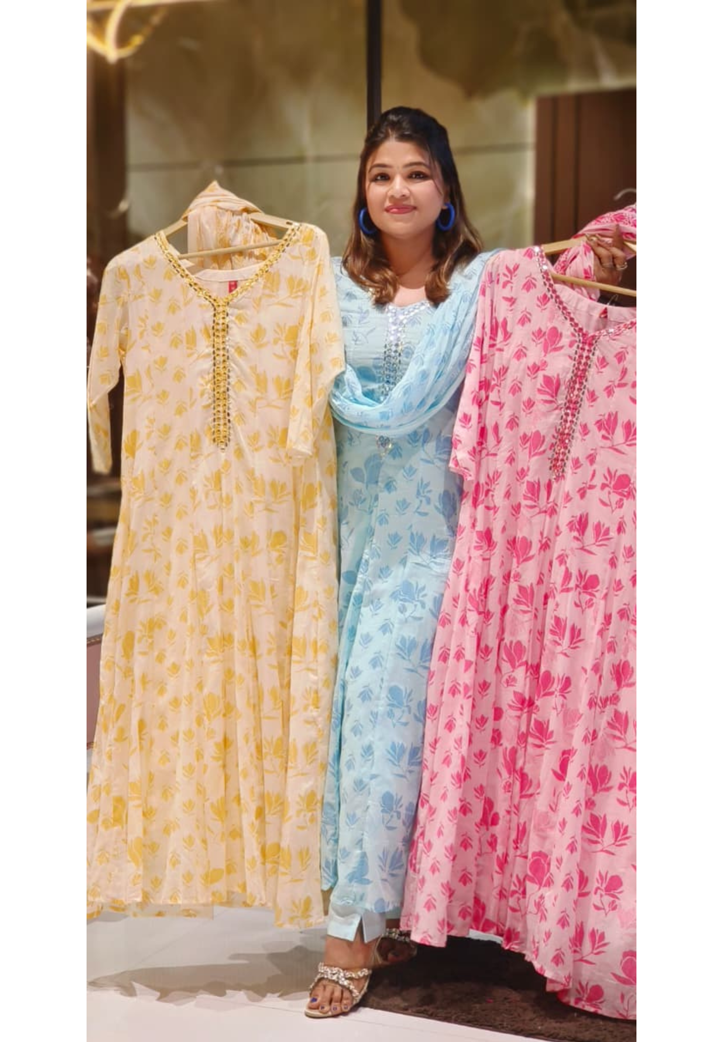 Mirror Neck Line Leafy Elegance Printed Panel Anarkali Full Suit Set With Dupatta In Mul-Cotton Fabric- 12813 (DISPACHING AFTER 10 DAYS)