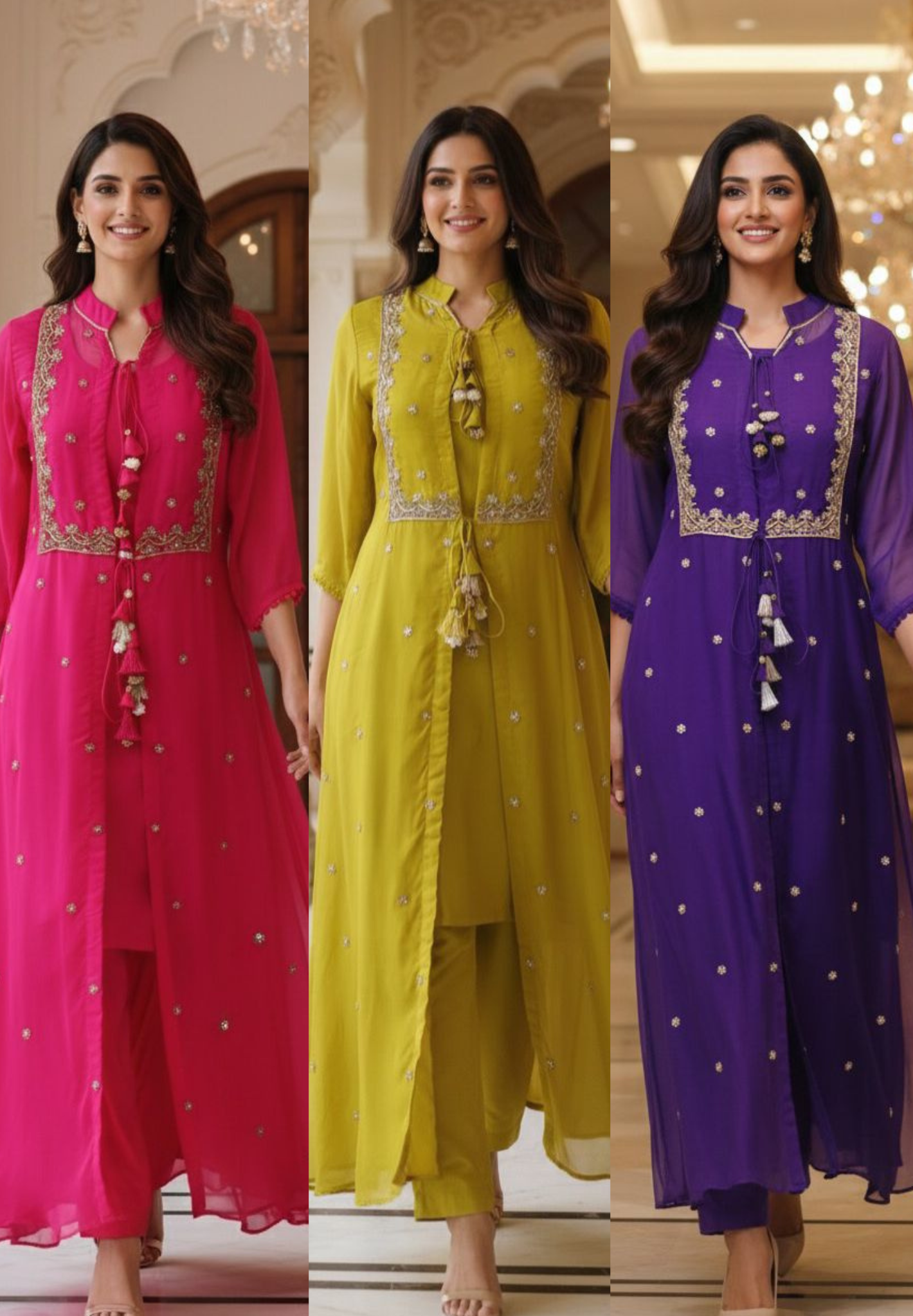 Co-Ordinated Neck Line Pearl Tassel Fronted Slitted Long Organza Outer With Kurta Pant Set In Silk Fabric- 12776, 12775, 12774