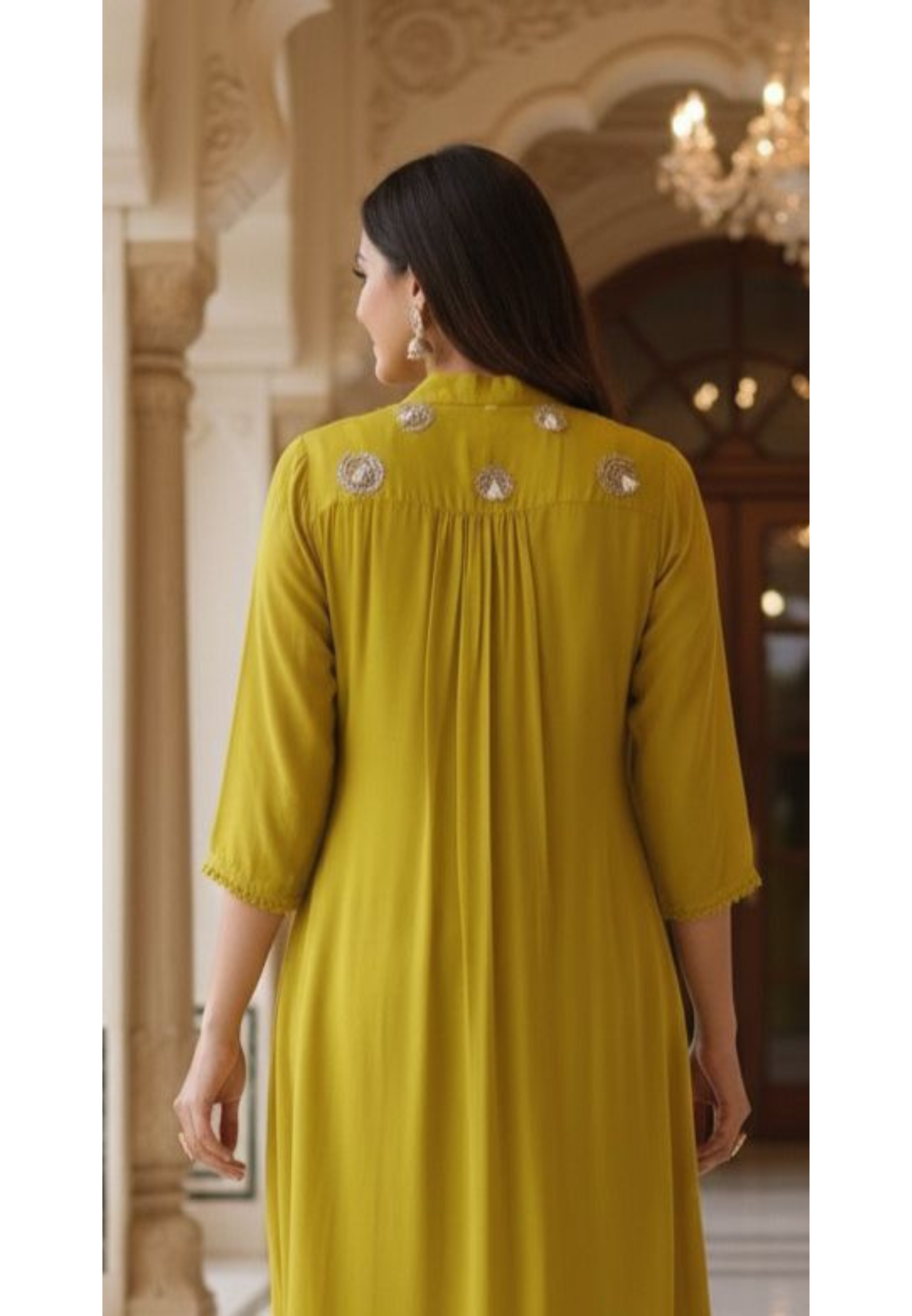 Co-Ordinated Neck Line Pearl Tassel Fronted Slitted Long Organza Outer With Kurta Pant Set In Silk Fabric- 12776, 12775, 12774