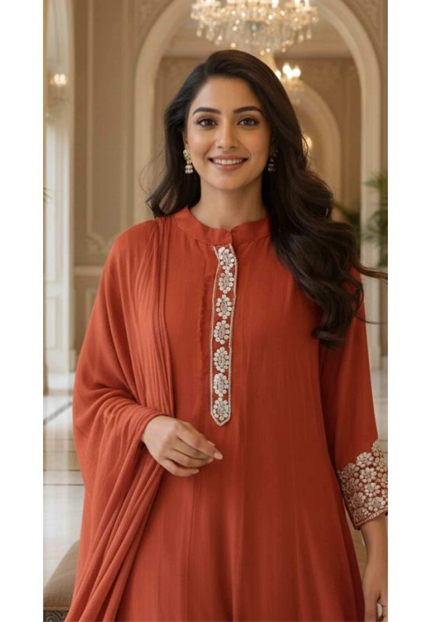 Minimal Tiny Foil Work Panel Anarkali Full Suit Set With Dupatta In Chinon Fabric-12724