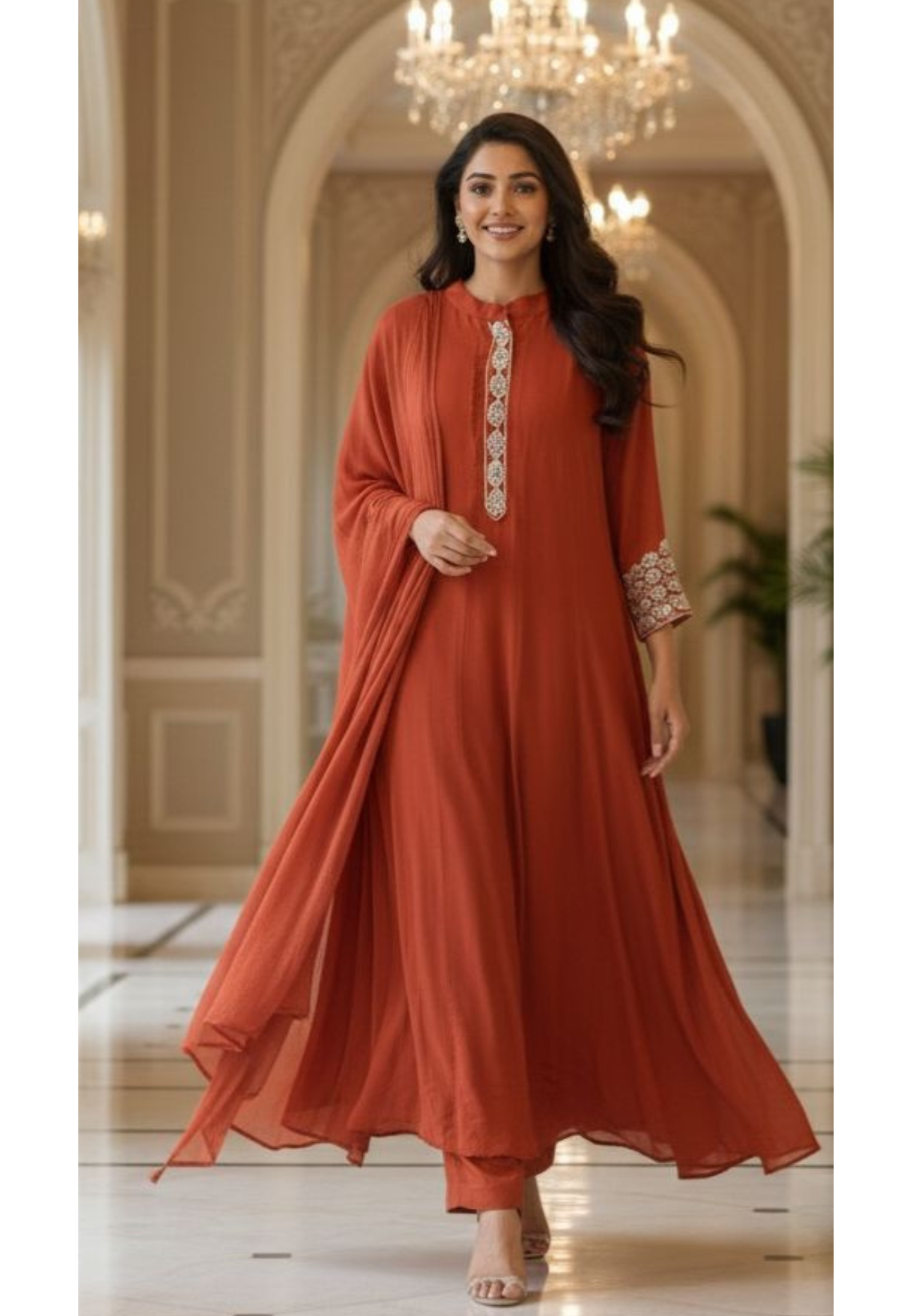 Minimal Tiny Foil Work Panel Anarkali Full Suit Set With Dupatta In Chinon Fabric-12724