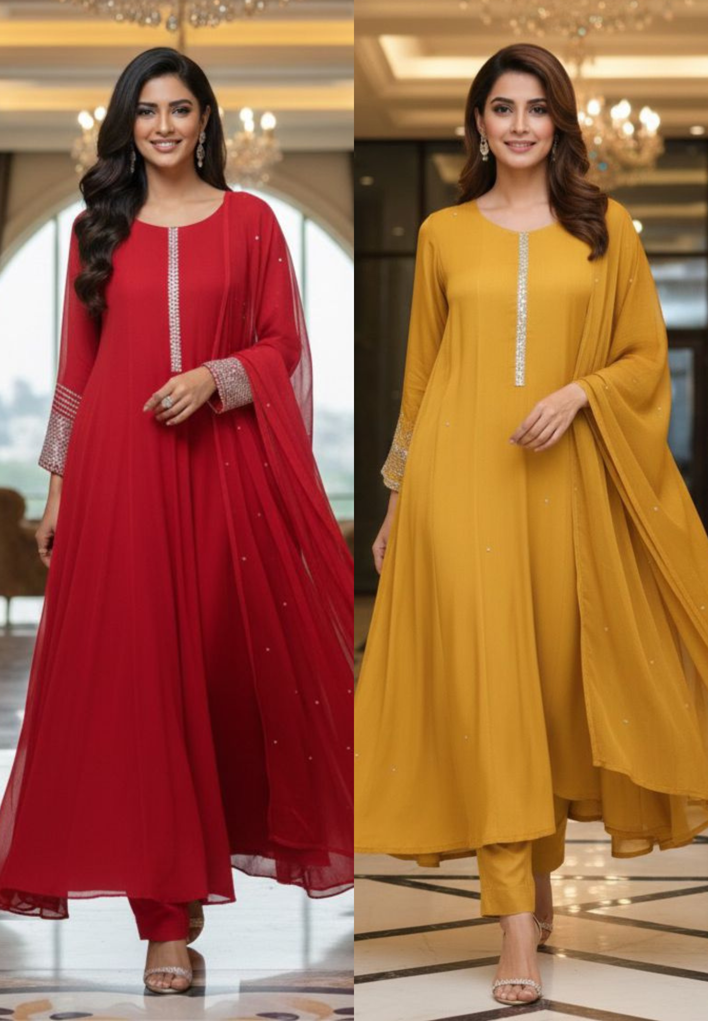 Chinon Anarkali Tiny Shimmery Sequin Work In Neck & Sleeve Borders Full Suit Set With Dupatta