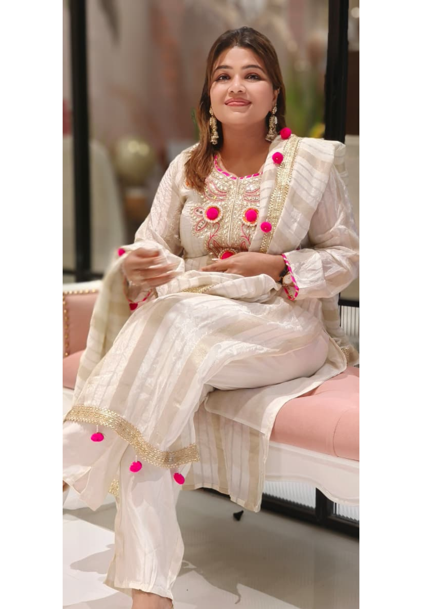 Gotta Work Very Beautiful Front Yoke Golden Striped Full Suit Set With Pom-Pom Dupatta In Tissue Fabric-