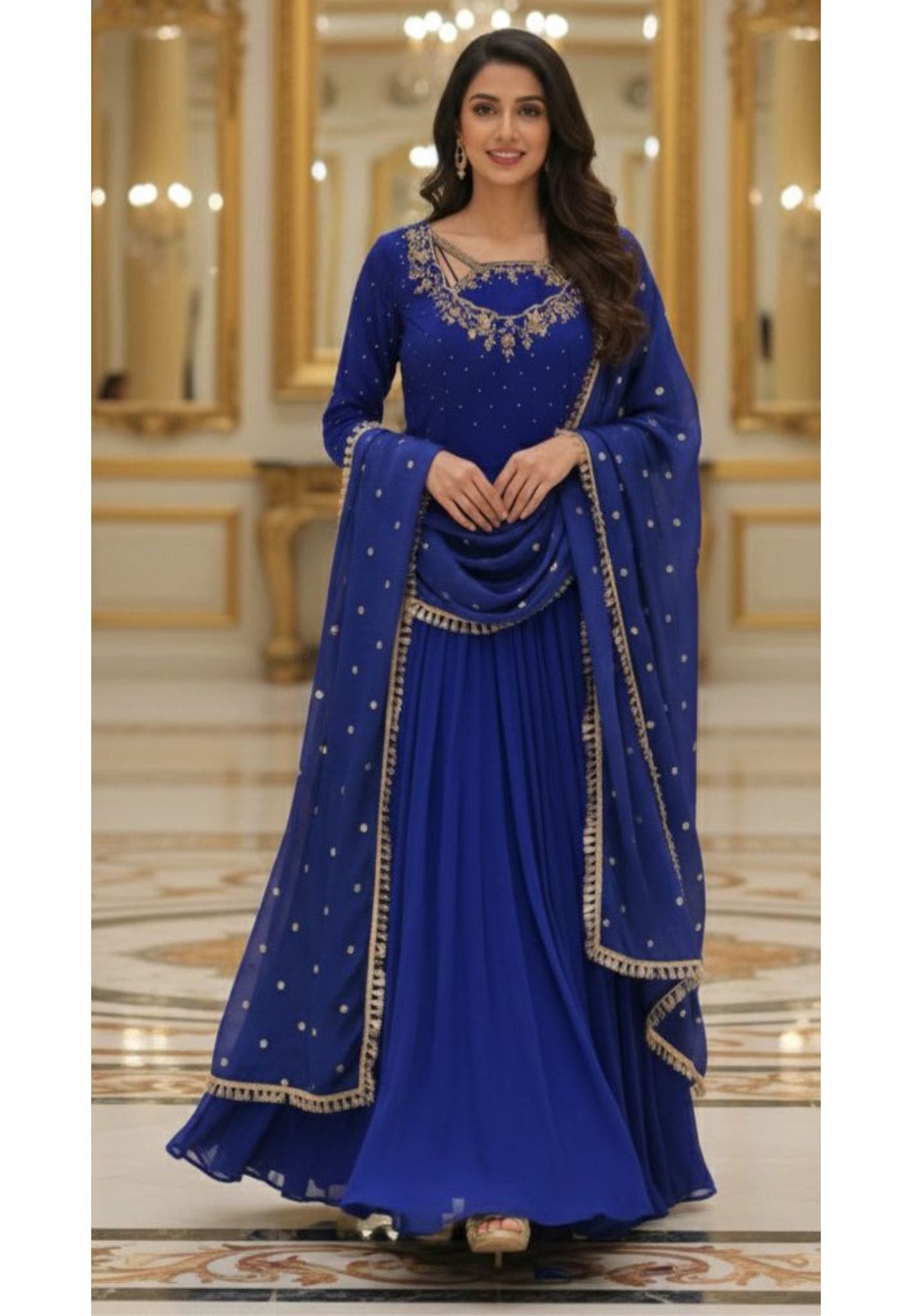 Premium Georgette Heavily Golden Handwork Rein-Drops Stoned Anarkali Full Suit Set With Bordered Dupatta