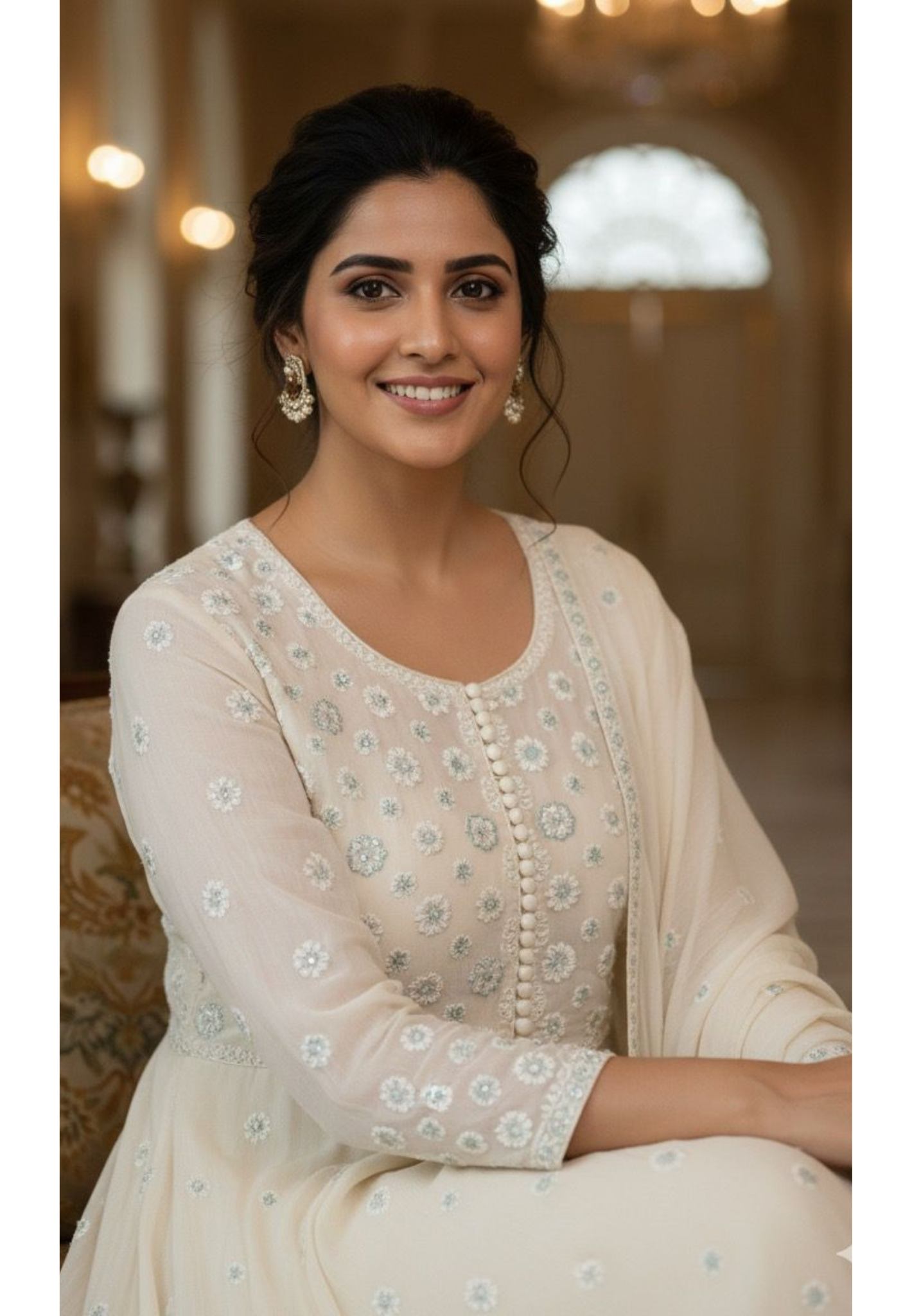 Premium Tiny Floral Thread Embroidery Chinon Anarkali Full Suit Set With Dupatta