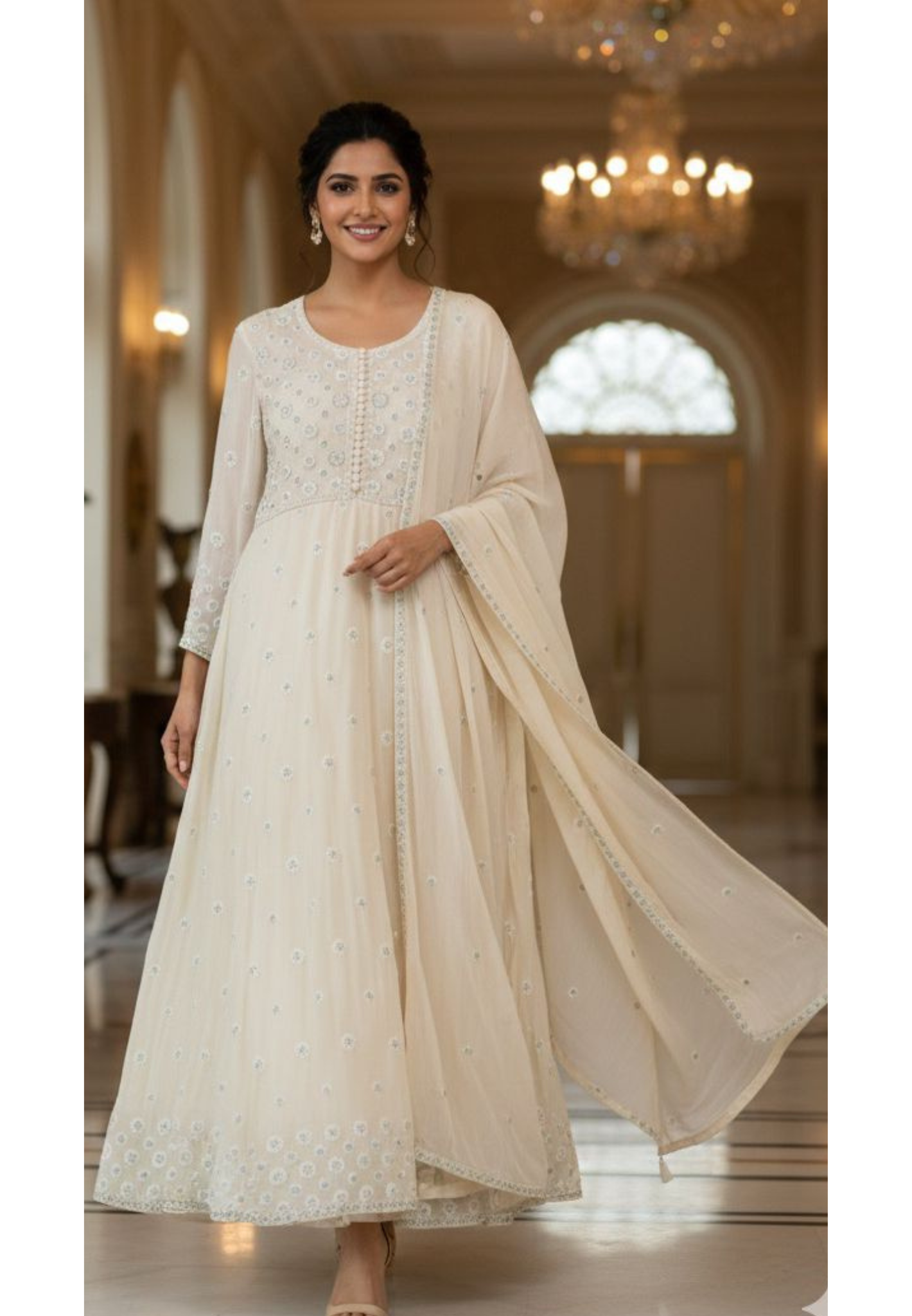 Premium Tiny Floral Thread Embroidery Chinon Anarkali Full Suit Set With Dupatta