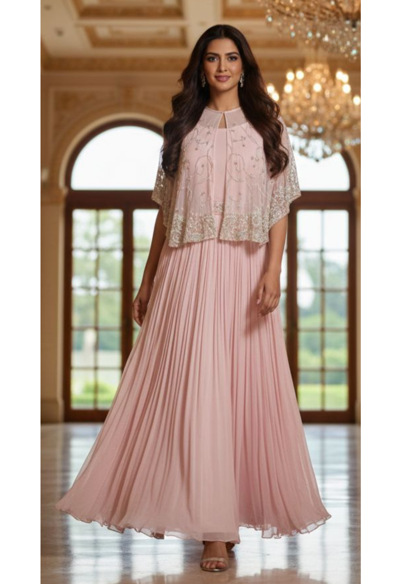 Rosemist Embroidered Cape With Long Netted Premium Gown- 12684