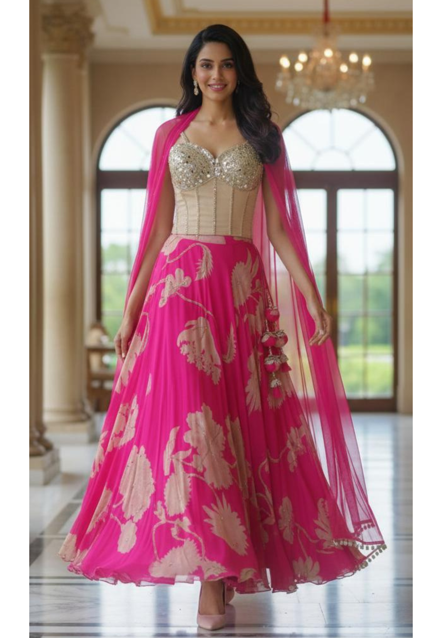 Soft Blush Regal Real Mirror Ivory Blouse With Flared Skirt & Dupatta- 10023