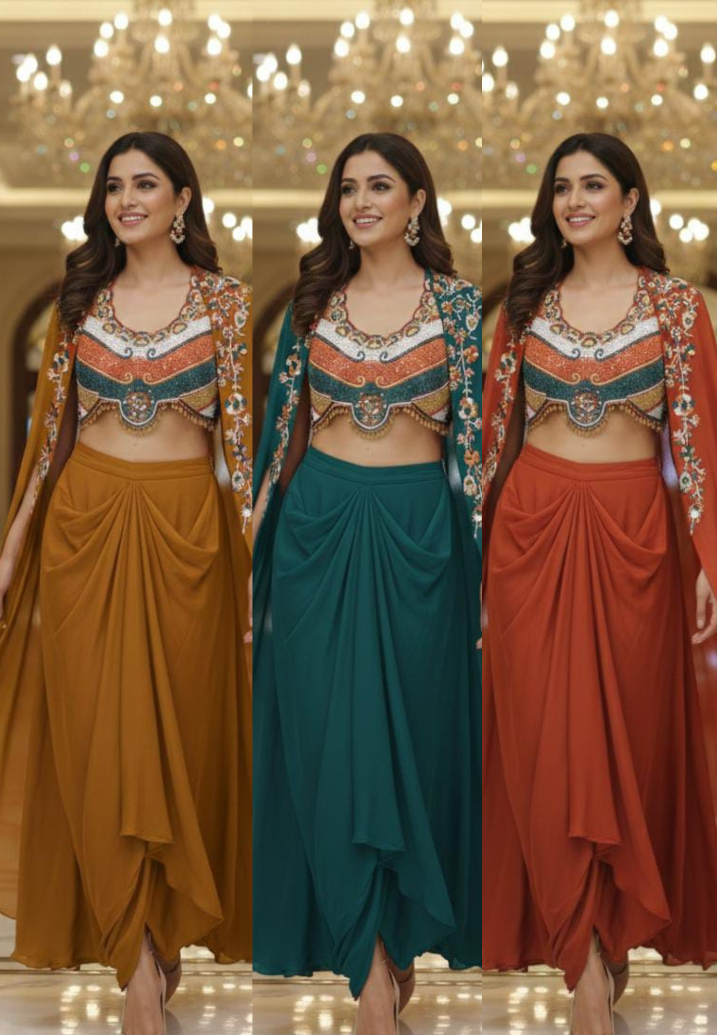 Rich Festive Tribal Multicolor Hand-Embroidered Buster With Shrug & Draped Skirt Indo-Western Outfit- 12975