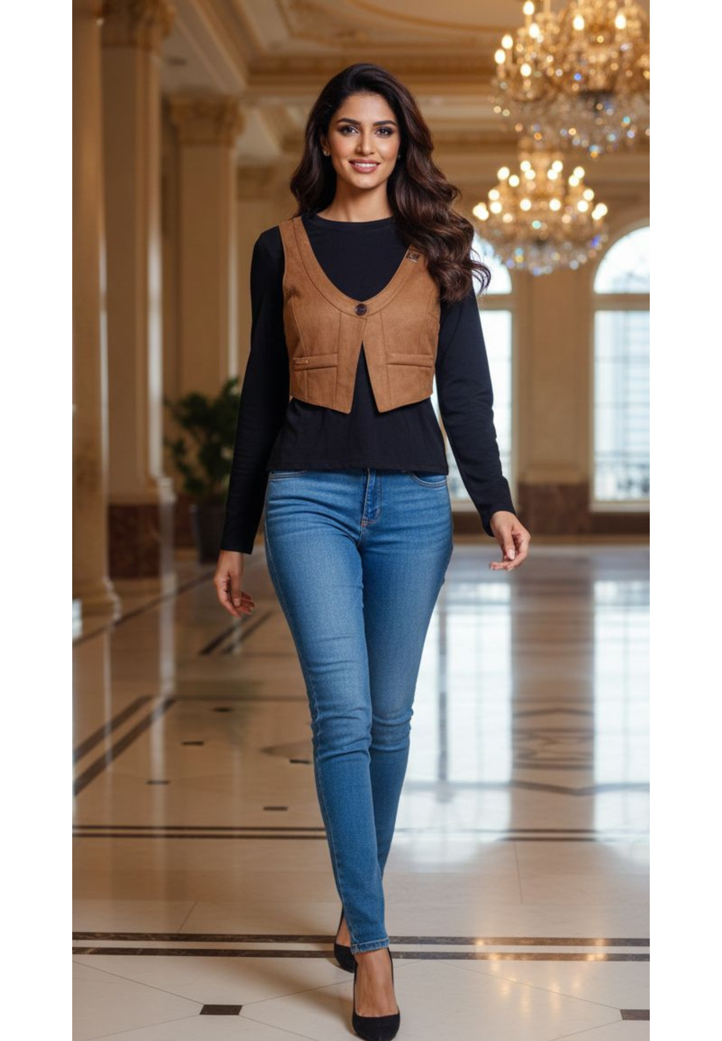 Jacket Look Plain Black Stretchable Casual Top