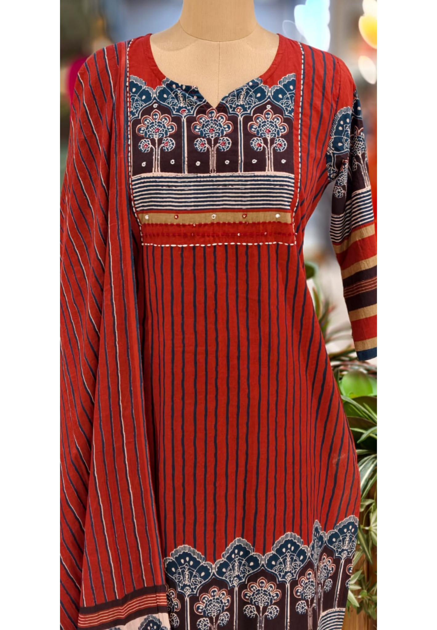 Kalamkari Striped Cotton Full Suit Se With Flowy Dupatta-12988