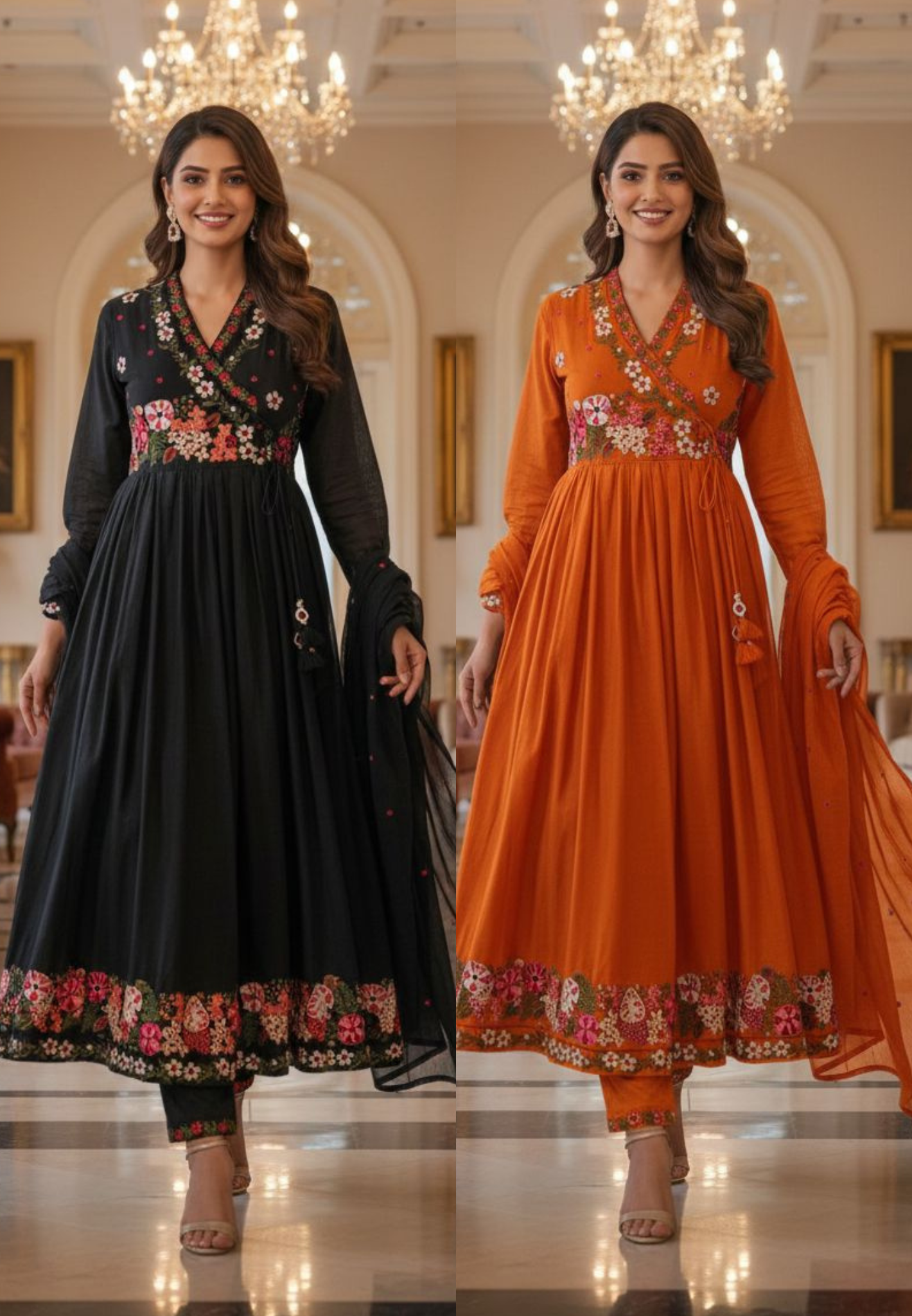 Cross Stitch Look Floral Embroidery Angrakha Pattern Anarkali Full Suit Set With Dupatta In Cotton Fabric-13015