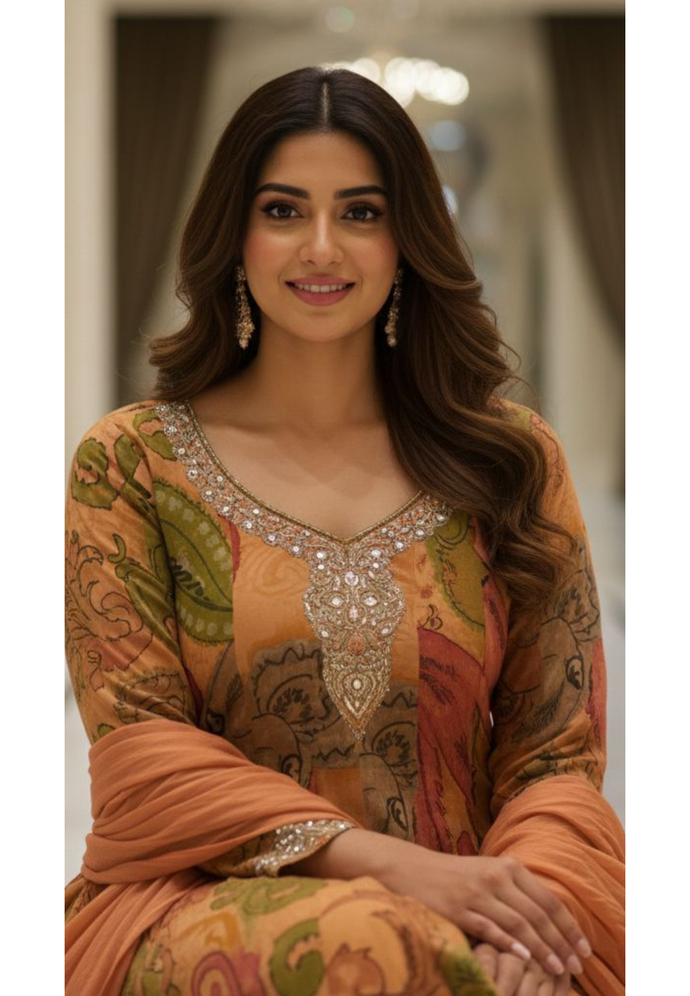 Giant Leafy Minimal Neck Work Panel Anarkali Full Suit Set With Dupatta In Chinon Fabric- 12749