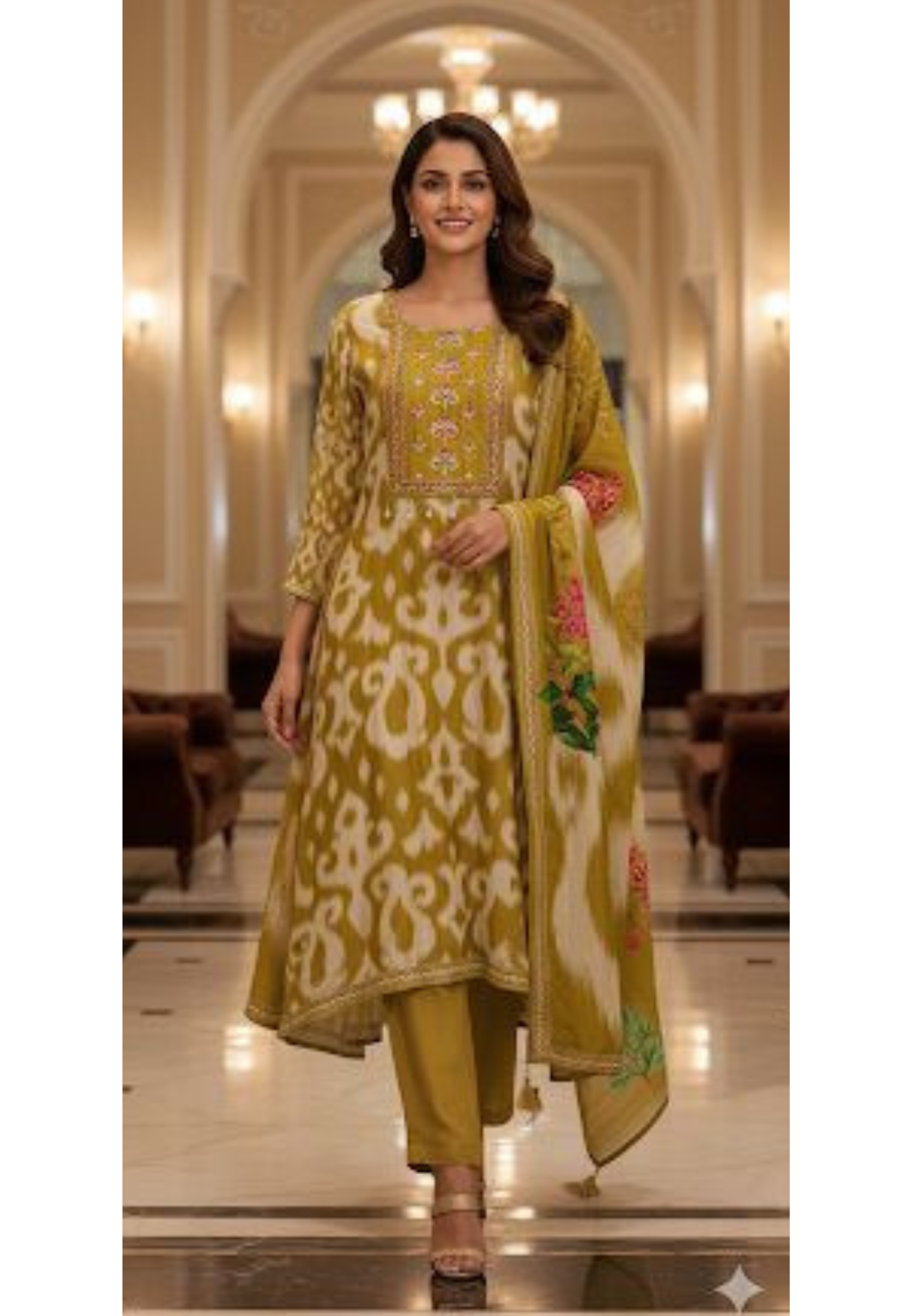 Russian Silk Multicolor Yoke With Tassel Printed A-Line Full Suit Set With Dupatta- 12958