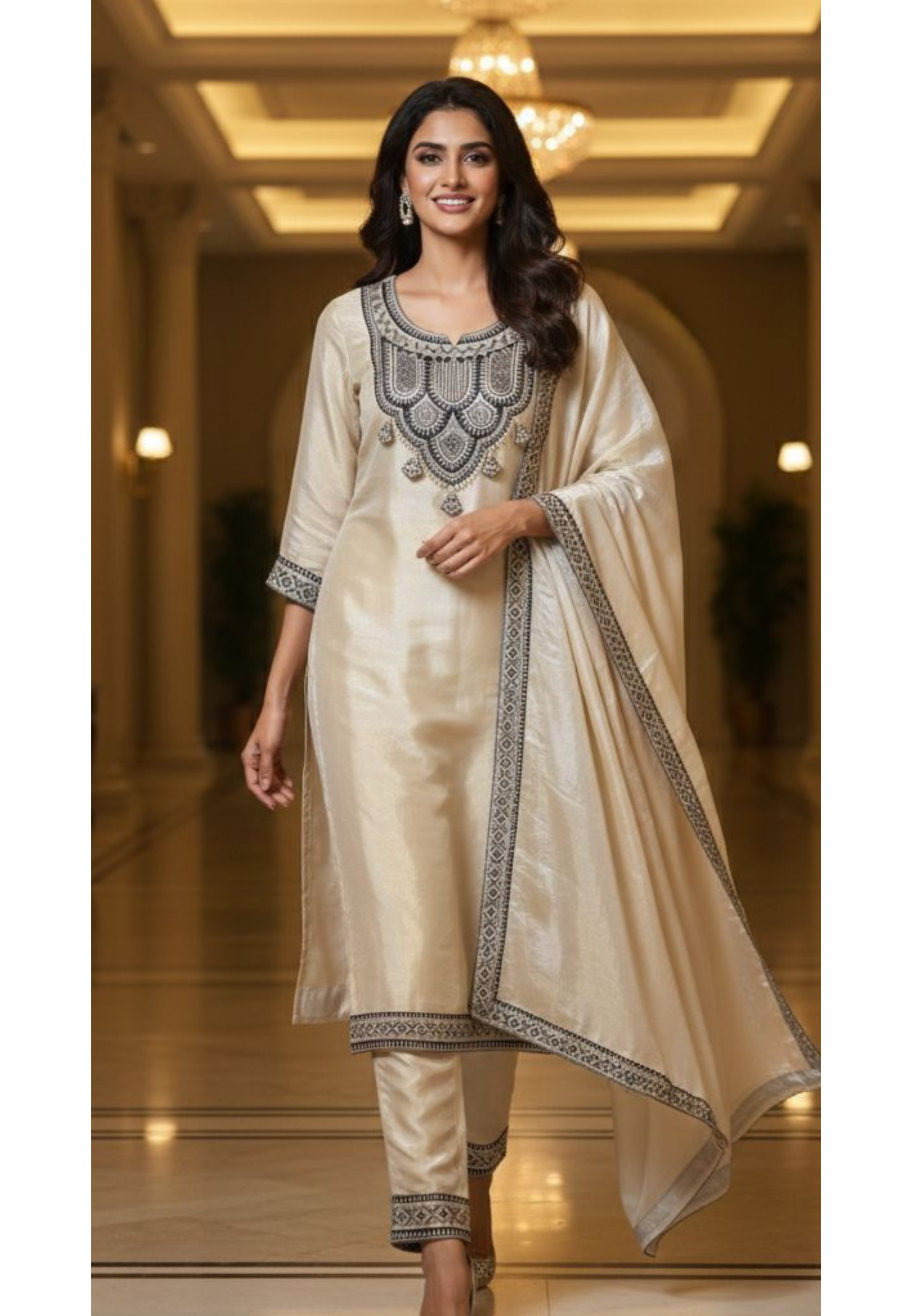 Royal Look Tasselled Tissue Straight Full Suit Set With Dupatta- 13000