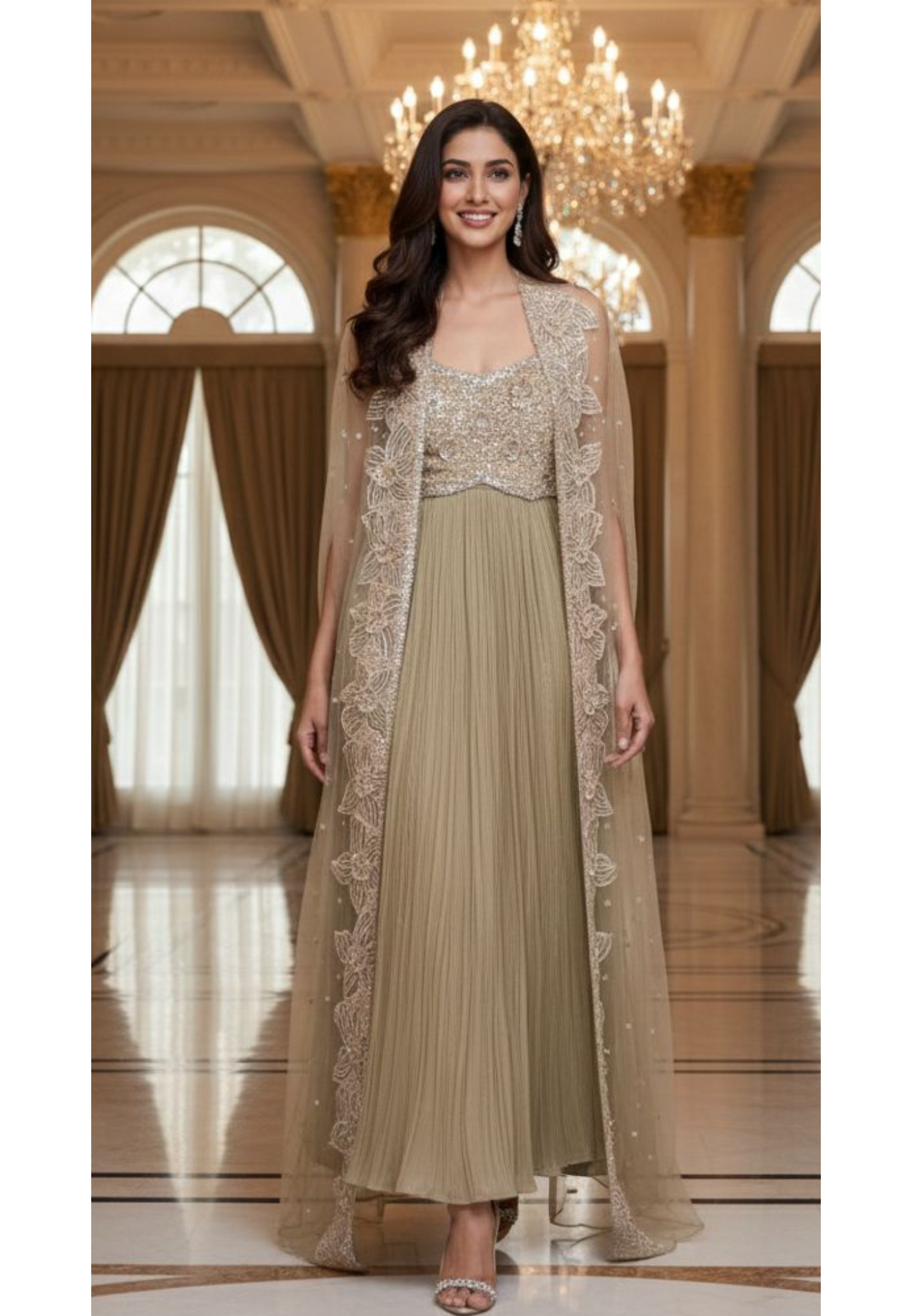 Stylish Sequence Embroidered Floral Cut Work Crop Top With Crushed Lehenga & Netted Shrug (Dispatching After 45 Days On Orders)