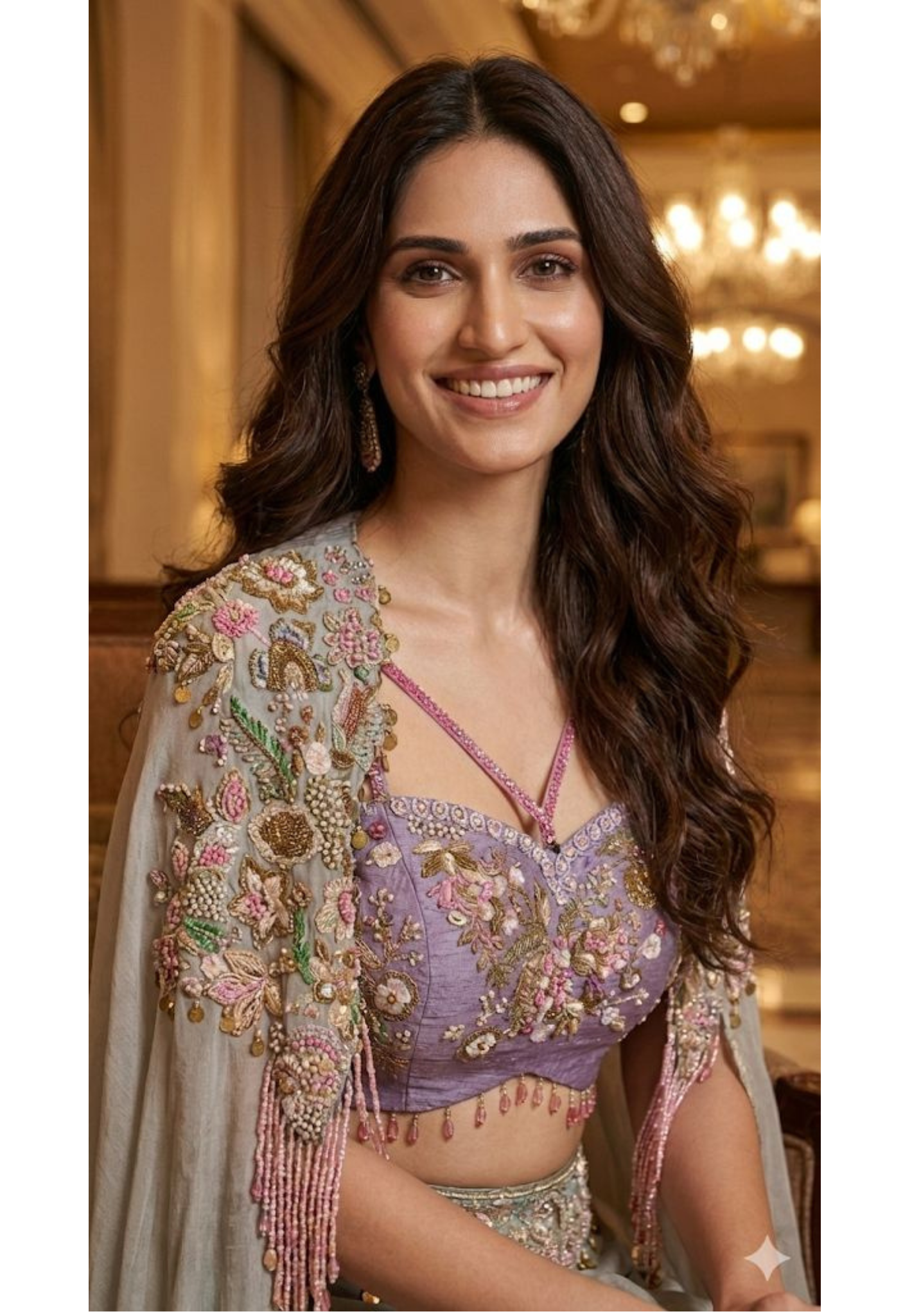 Gardenia Multicolor Highlighted Heavily Tasseled Handworked Crop Top & Cape With Drape Skirt- 13022 (Dispatching After 45 Days On Orders)