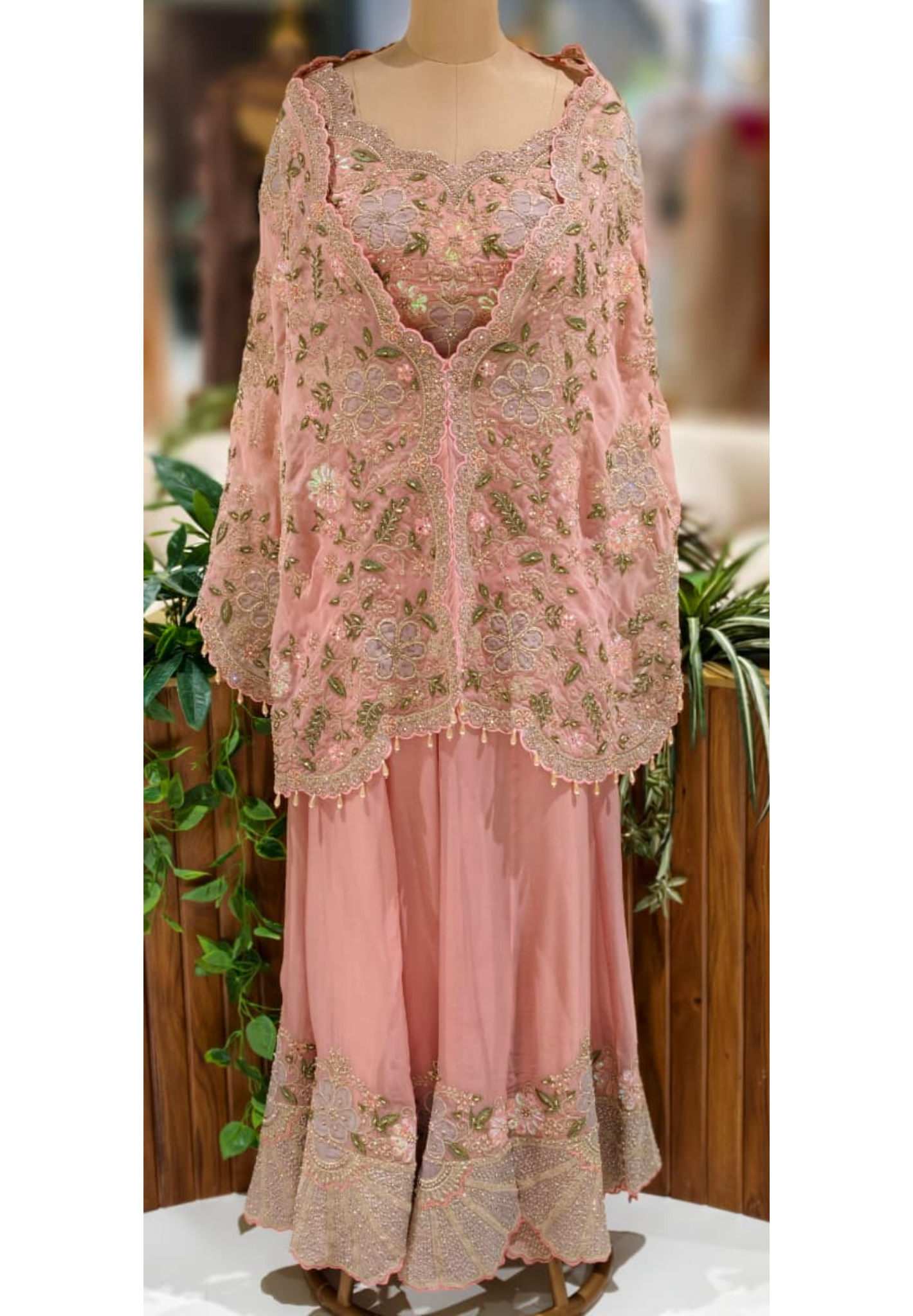 Very Elegant Look Floral Embroidered Cut-Work Designer Crop-Top With Palazzo Bottom & Tasseled Shrug- 12964 (Dispatching After 45 Days On Orders)