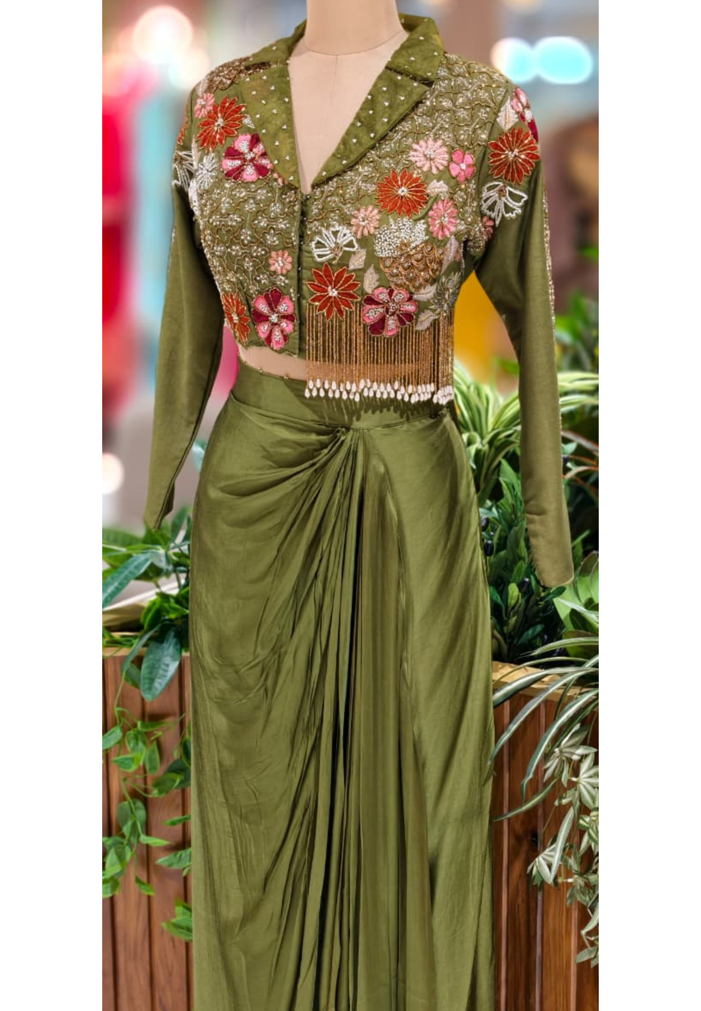 Designer Embroidered Tassled Crop Top With Crepe Drape Skirt DRYWASH (Dispatching After 45 Days On Orders)