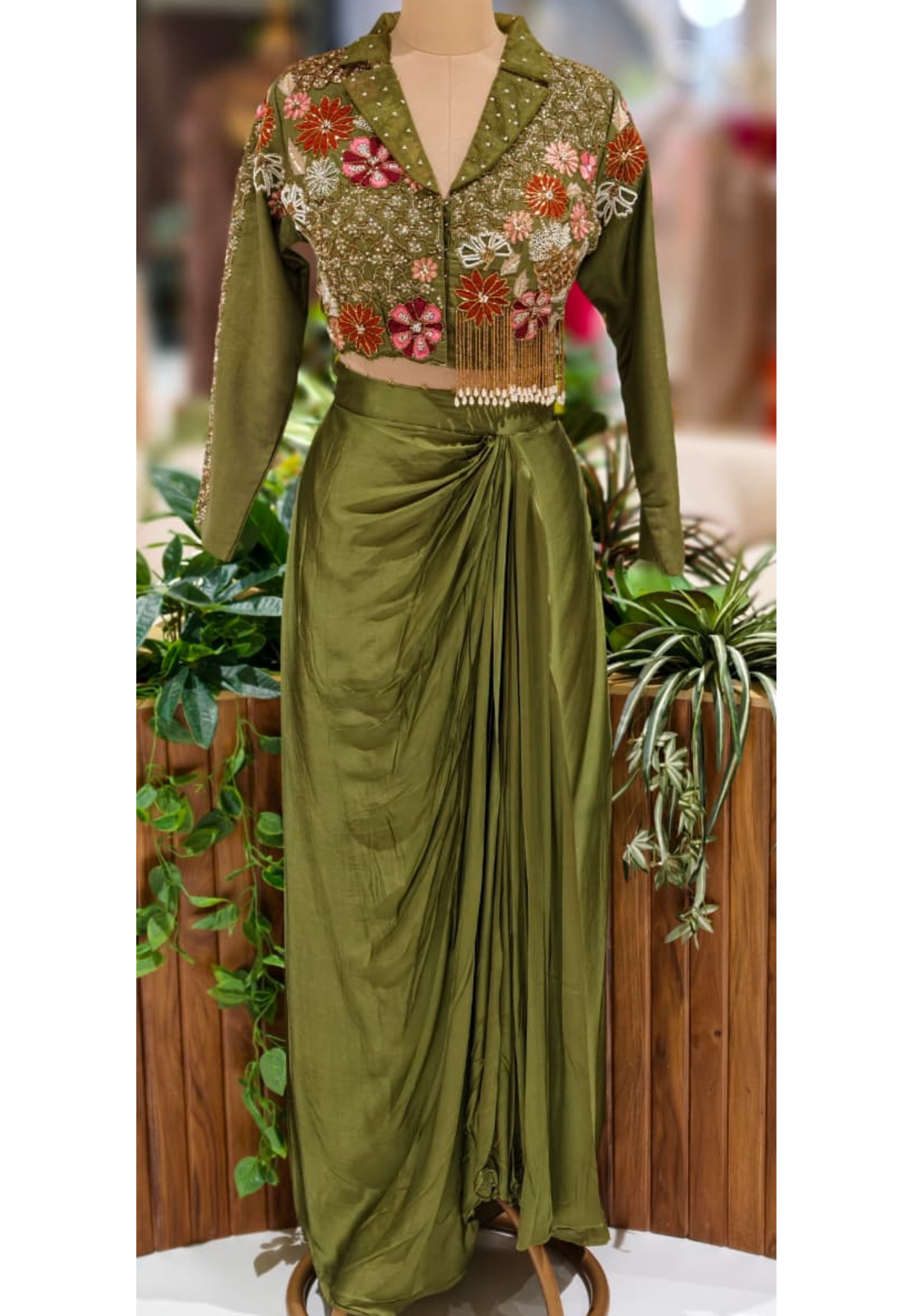 Designer Embroidered Tassled Crop Top With Crepe Drape Skirt DRYWASH (Dispatching After 45 Days On Orders)