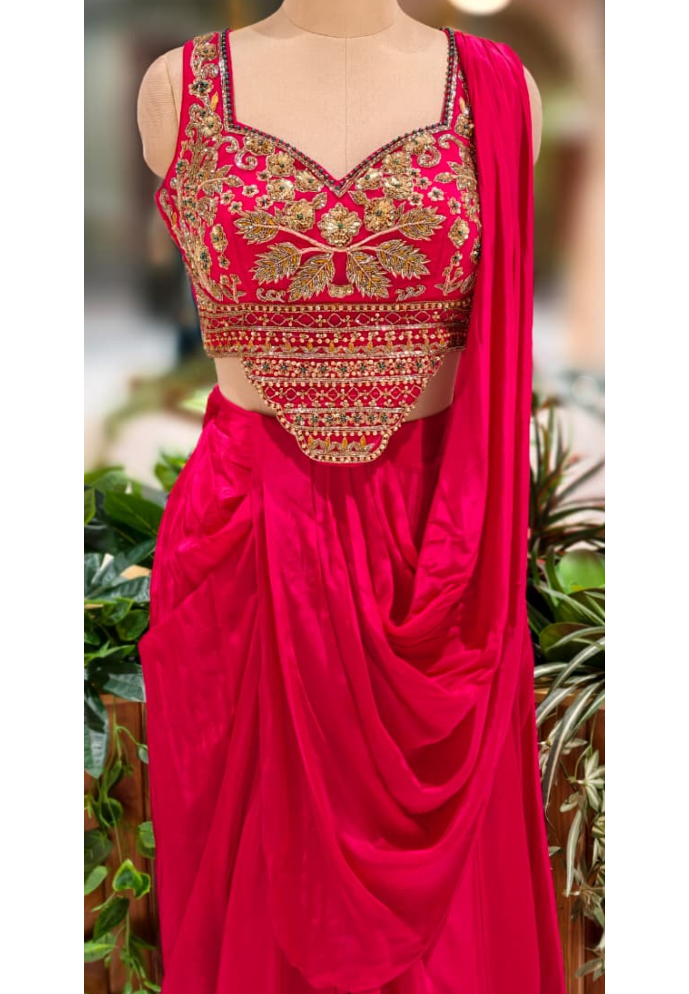 Fuchsia Blush Golden Unique Hand Worked Patterned Blouse With Flared Skirt With Attached Dupatta Look- 13032