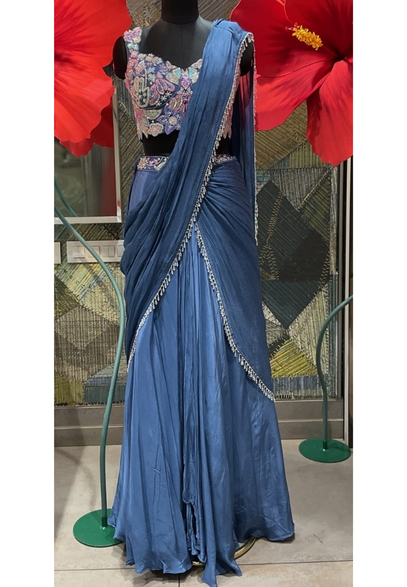 Highlighted Floral Beads Crop-Top Crystallex Pallu Flared Skirt With Cane-Cane- 13021