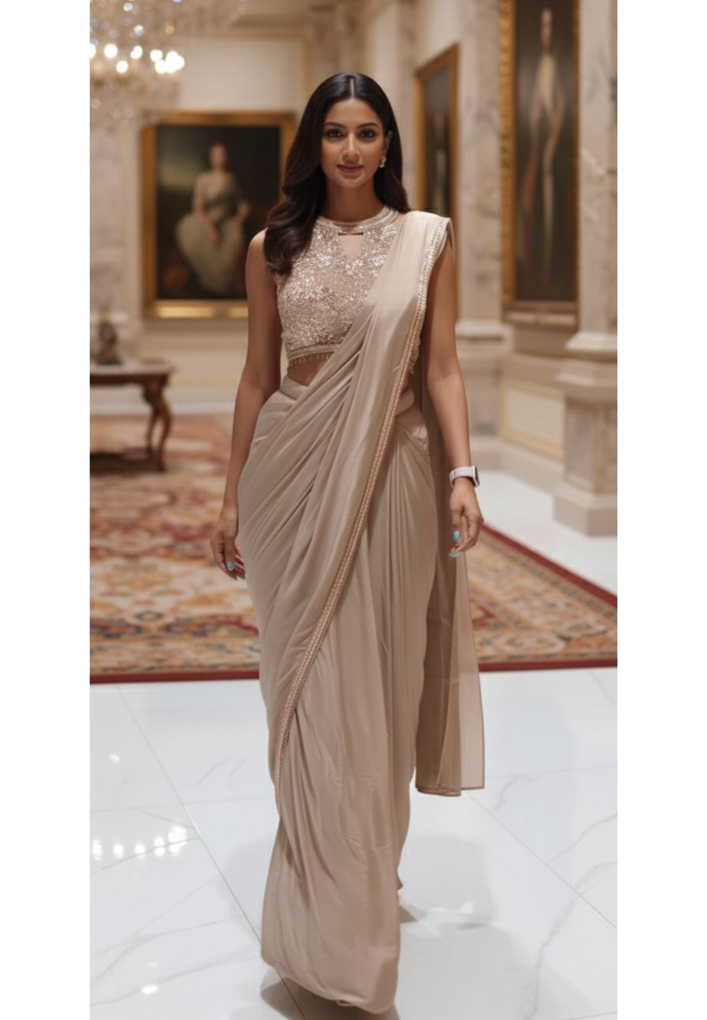Unique Neck Ivory Meadow Sequin Crystal Work Crop-Top Drape Designer Saree- 13035 (Dispatching After 45 Days On Orders)