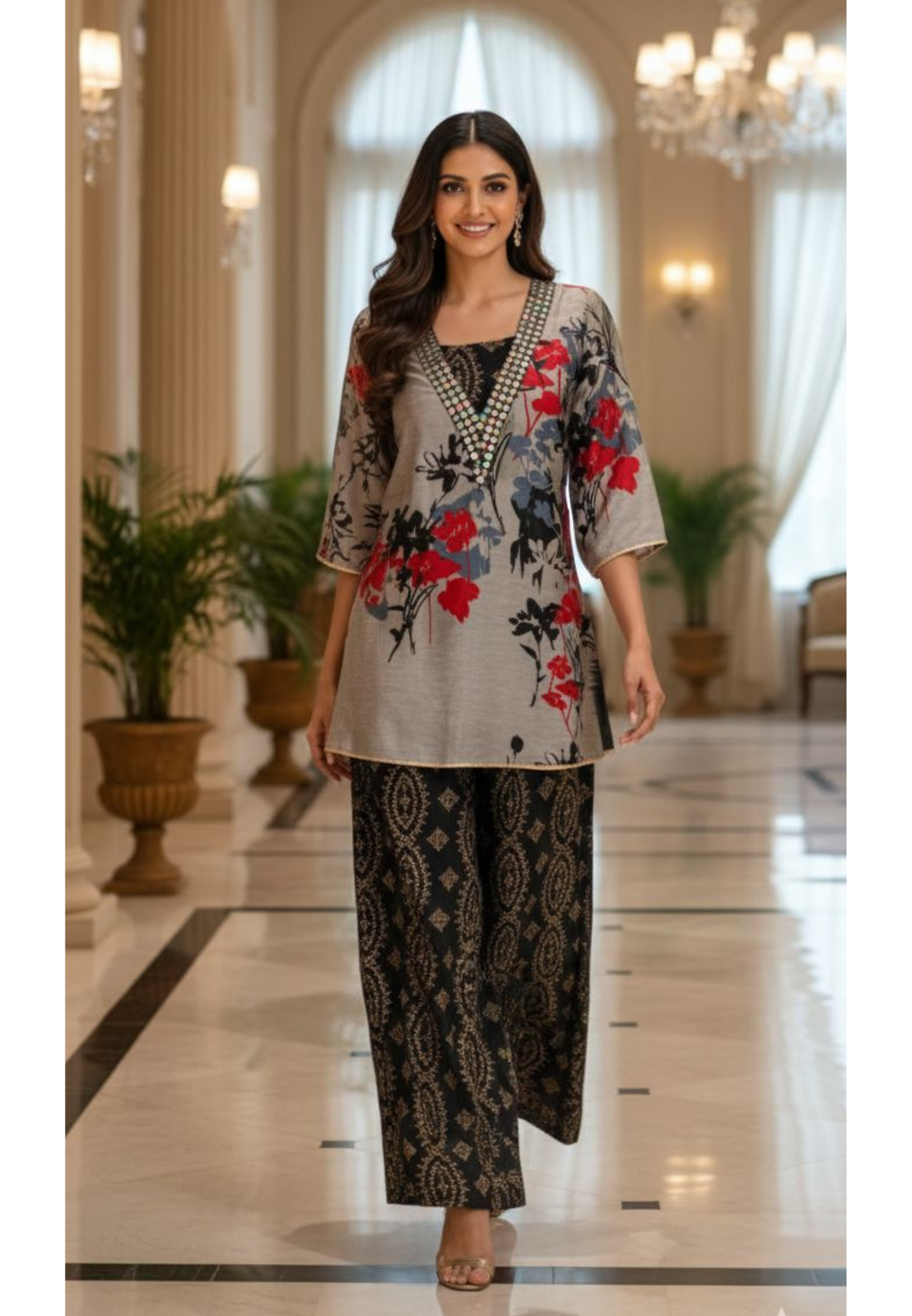 Real Mirror V-Neck Printed Kurta With Inner & Bottom In Modal Silk Fabric- 12992 Dispatching on Monday