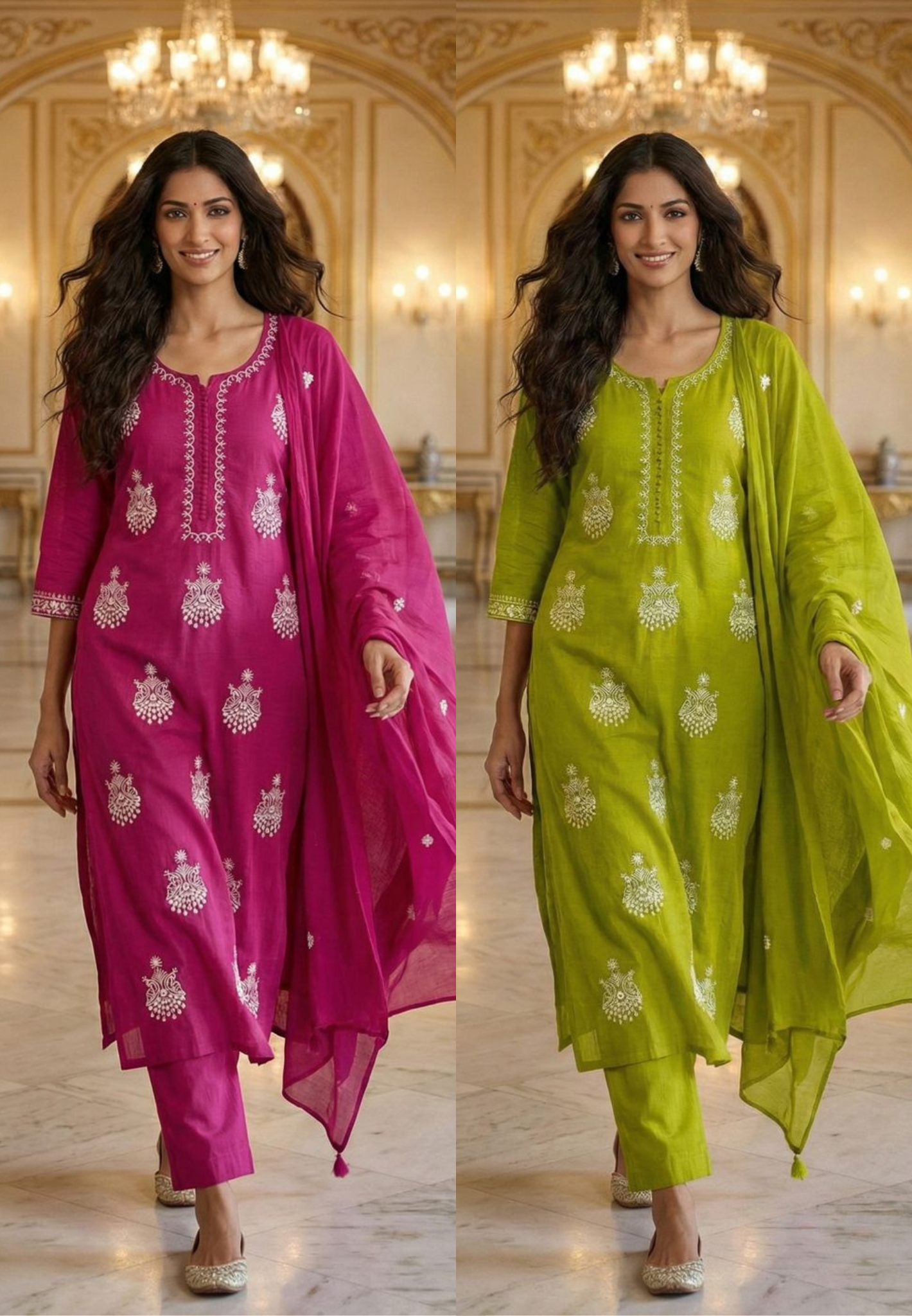 Pure Thread Embroidered Beautiful Neck Line Cotton Full Suit Set With Dupatta- 12934