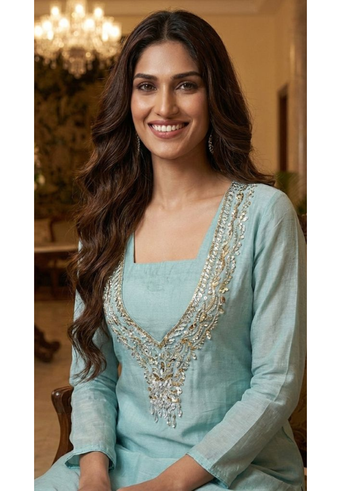 Sequin Neck Line With Fully Crystal Tasseled Tissue Kurta With Inner & Bottom- 12914