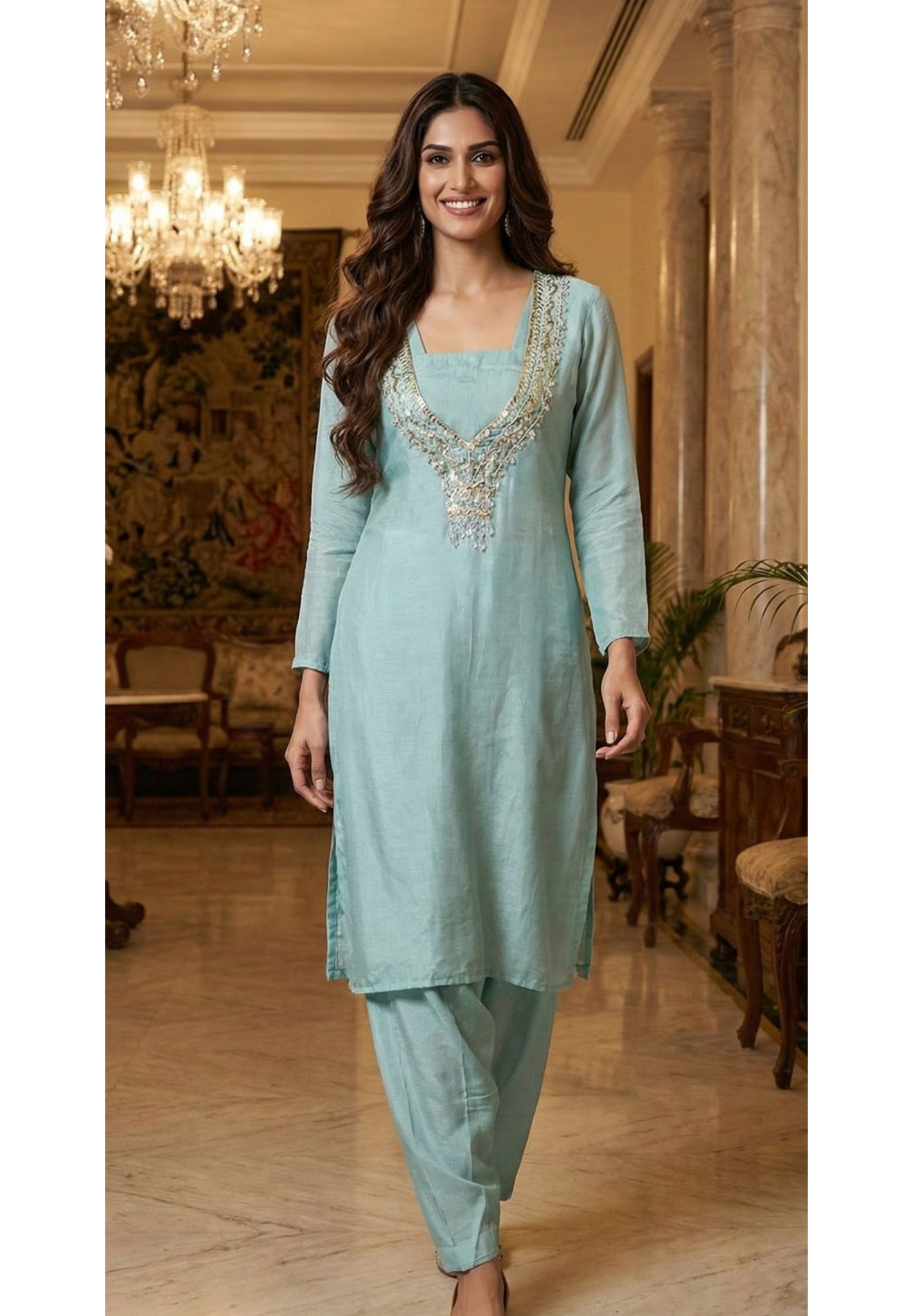 Sequin Neck Line With Fully Crystal Tasseled Tissue Kurta With Inner & Bottom- 12914