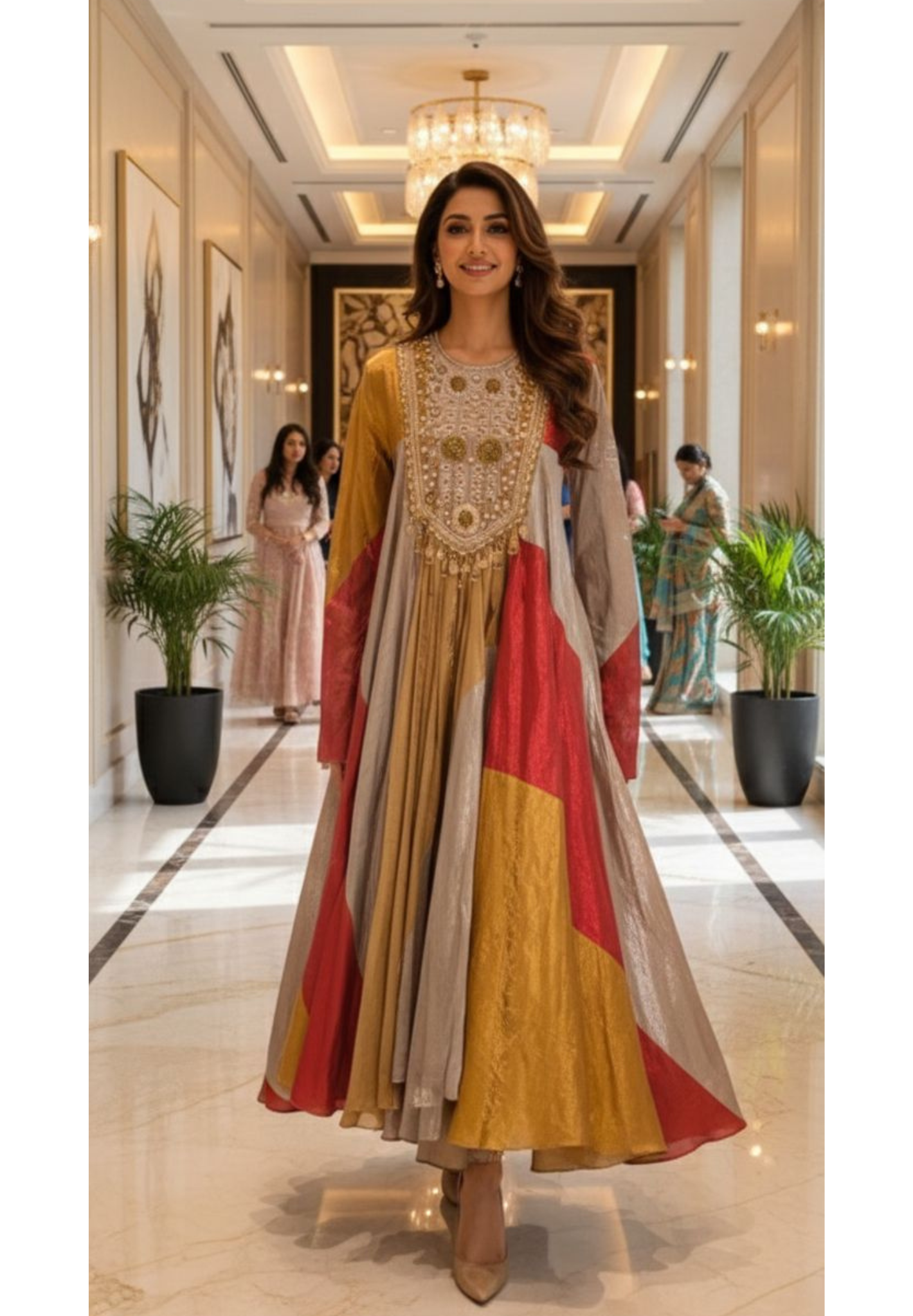 Regal Luxe Zardosi Premium Tissue Multicolored Heavily Flared Gown