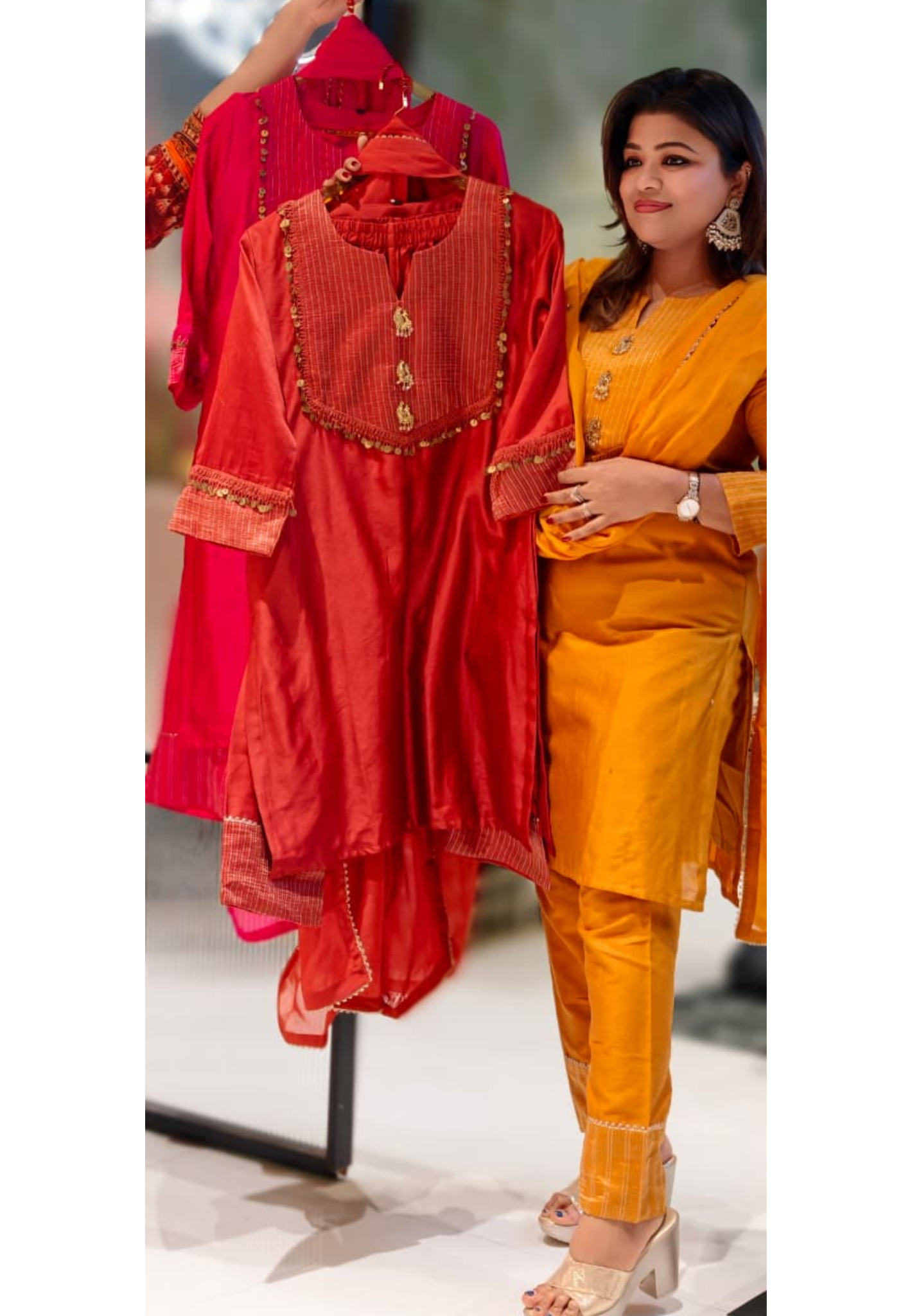 Broach Front Line Coin Tasseled Golden Bordered Full Suit Set With Dupatta In Pure Chanderi Fabric-13057