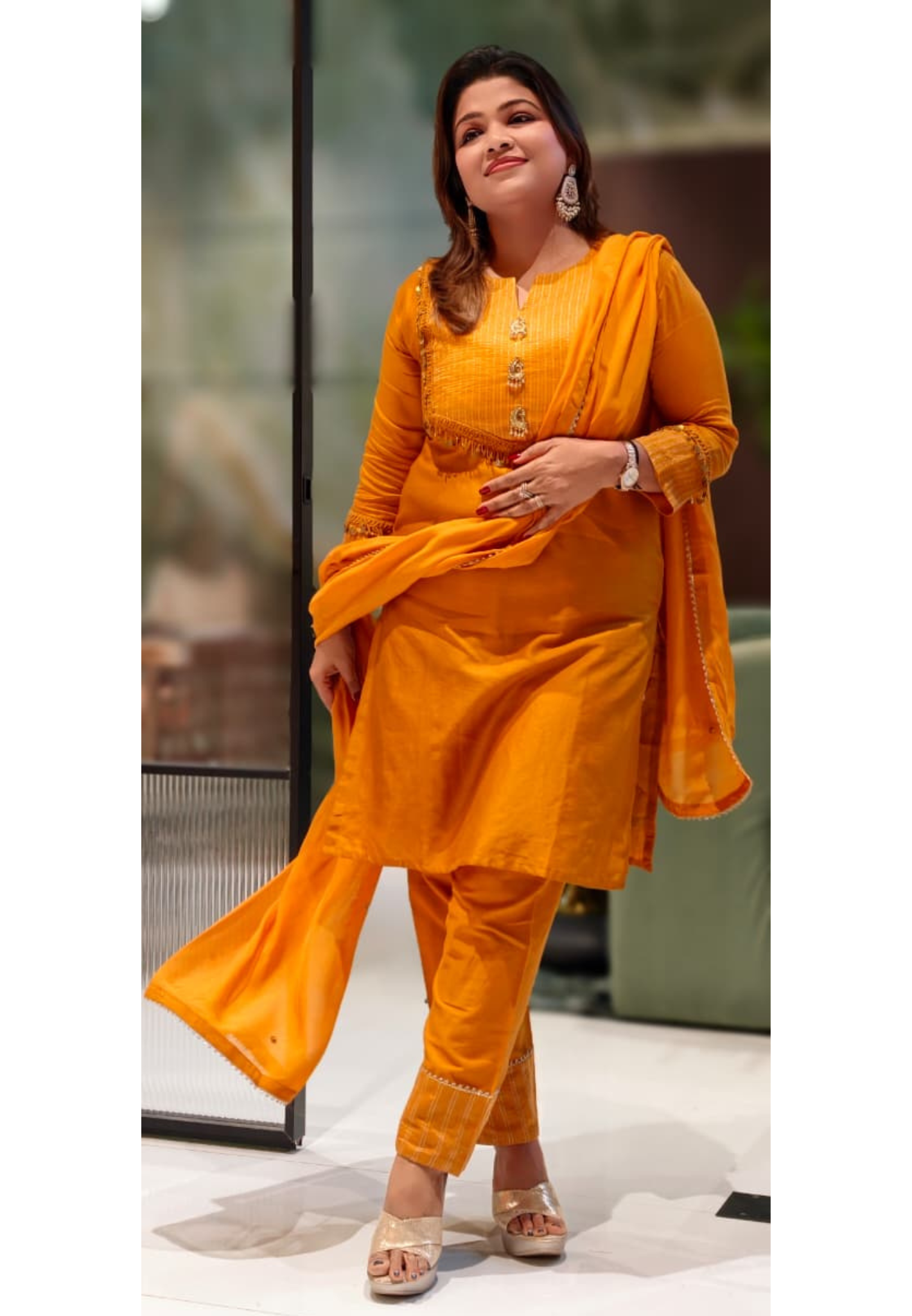 Broach Front Line Coin Tasseled Golden Bordered Full Suit Set With Dupatta In Pure Chanderi Fabric-13057