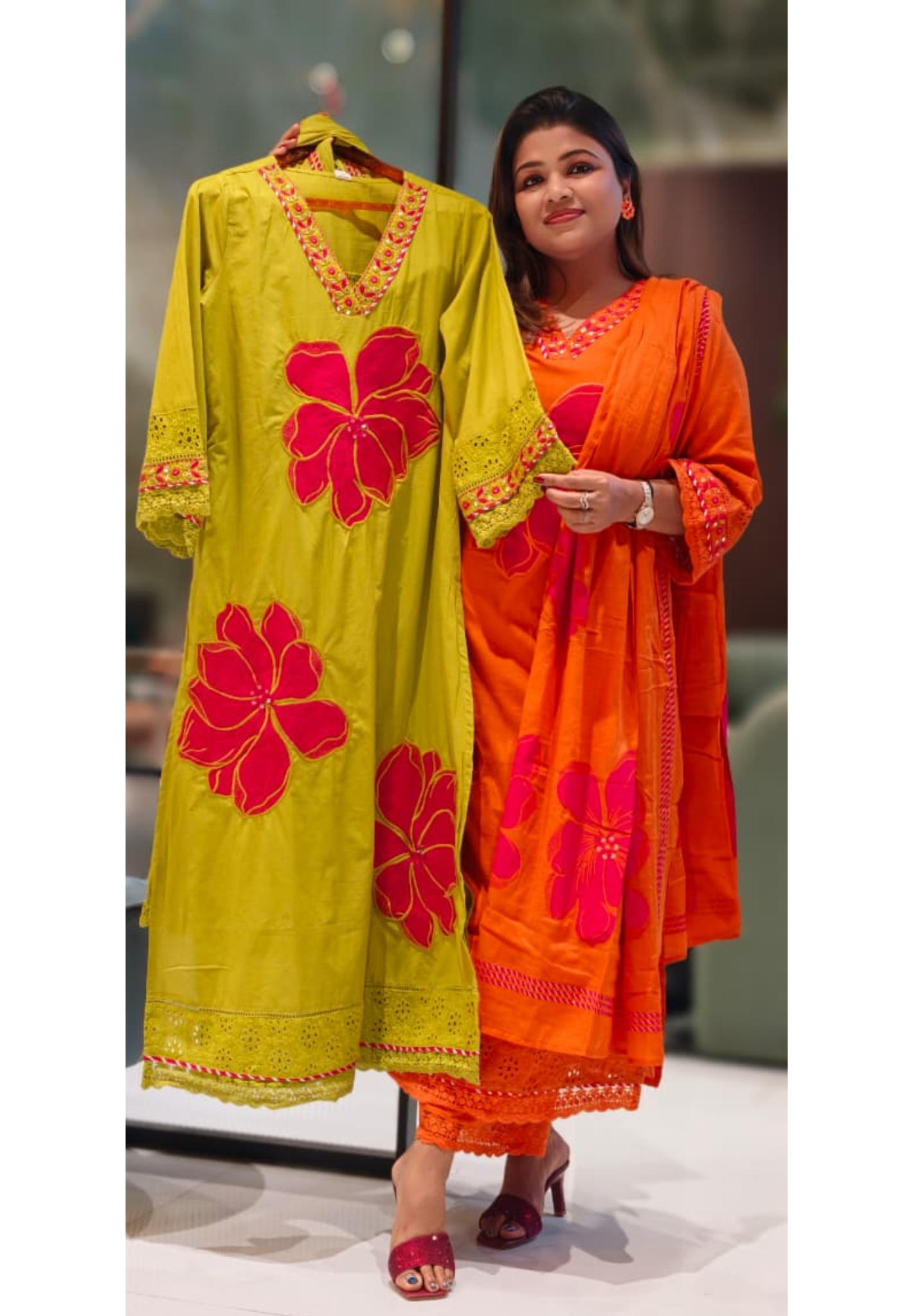 Beautiful Neck Line Giant Floral Embroidery Cotton Full Suit Set With Dupatta-13059