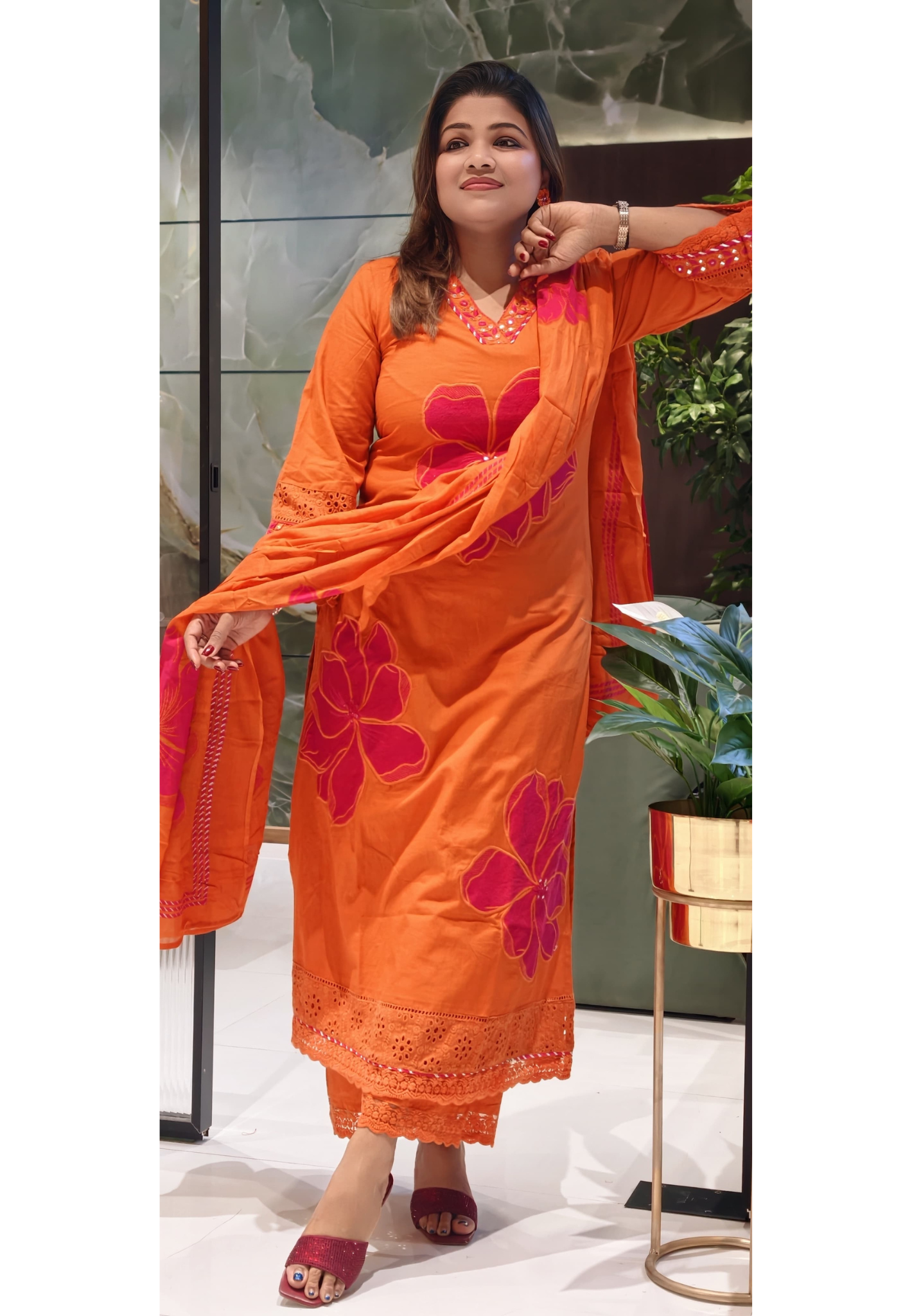 Beautiful Neck Line Giant Floral Embroidery Cotton Full Suit Set With Dupatta-13059