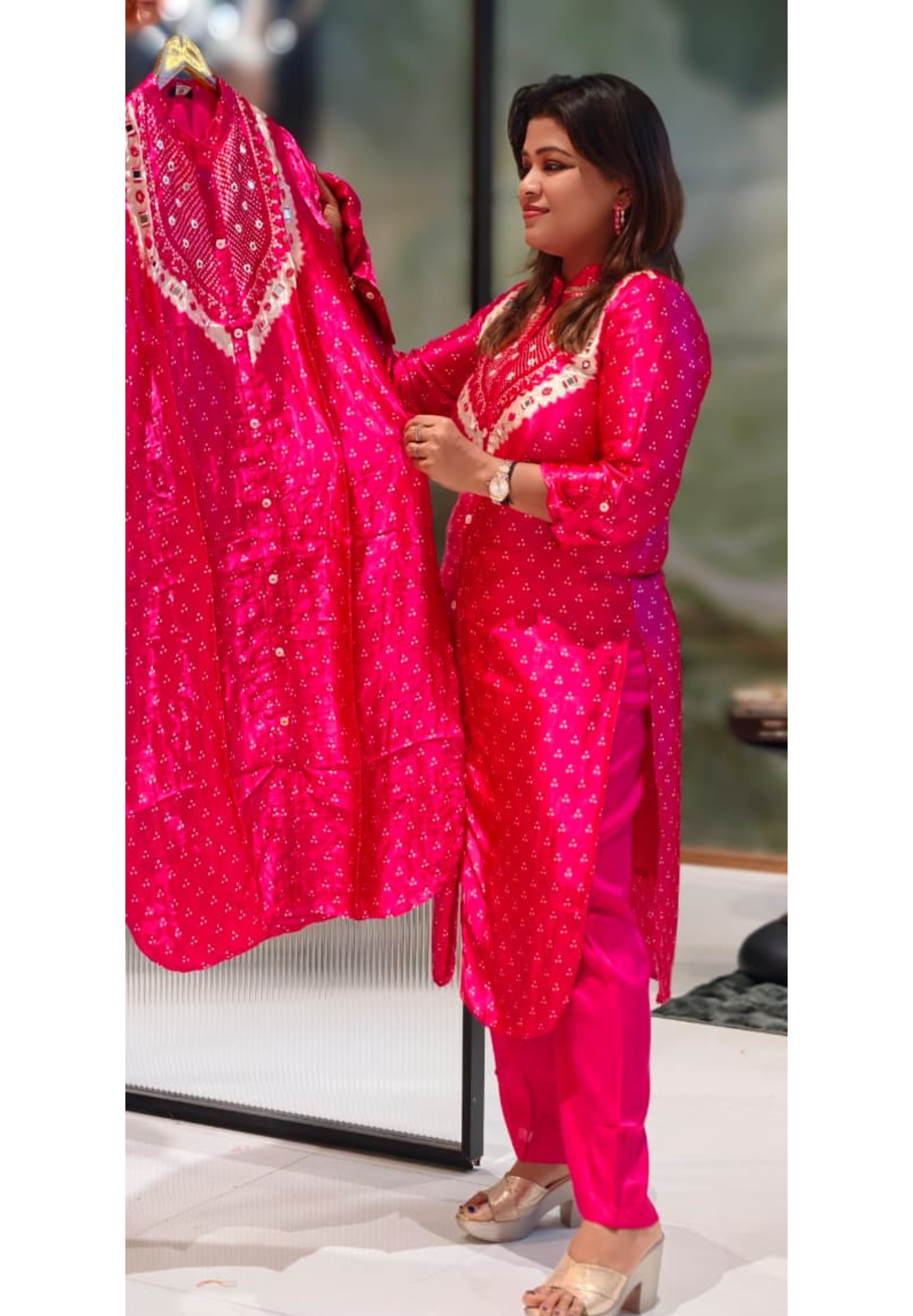 Fuschia Blush Real Mirror Elegance Dotted Kurta Pant Set In Gajji Silk Fabric-13066