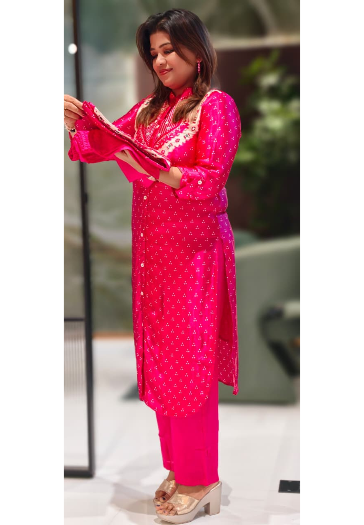 Fuschia Blush Real Mirror Elegance Dotted Kurta Pant Set In Gajji Silk Fabric-13066