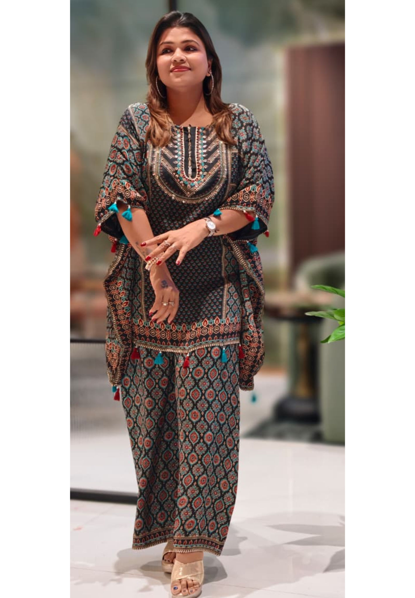 Ajrak Print Very Stylish Tasseled Kaftan Style Kurta With Loose Palazzo Bottom In Crepe Fabric-13067
