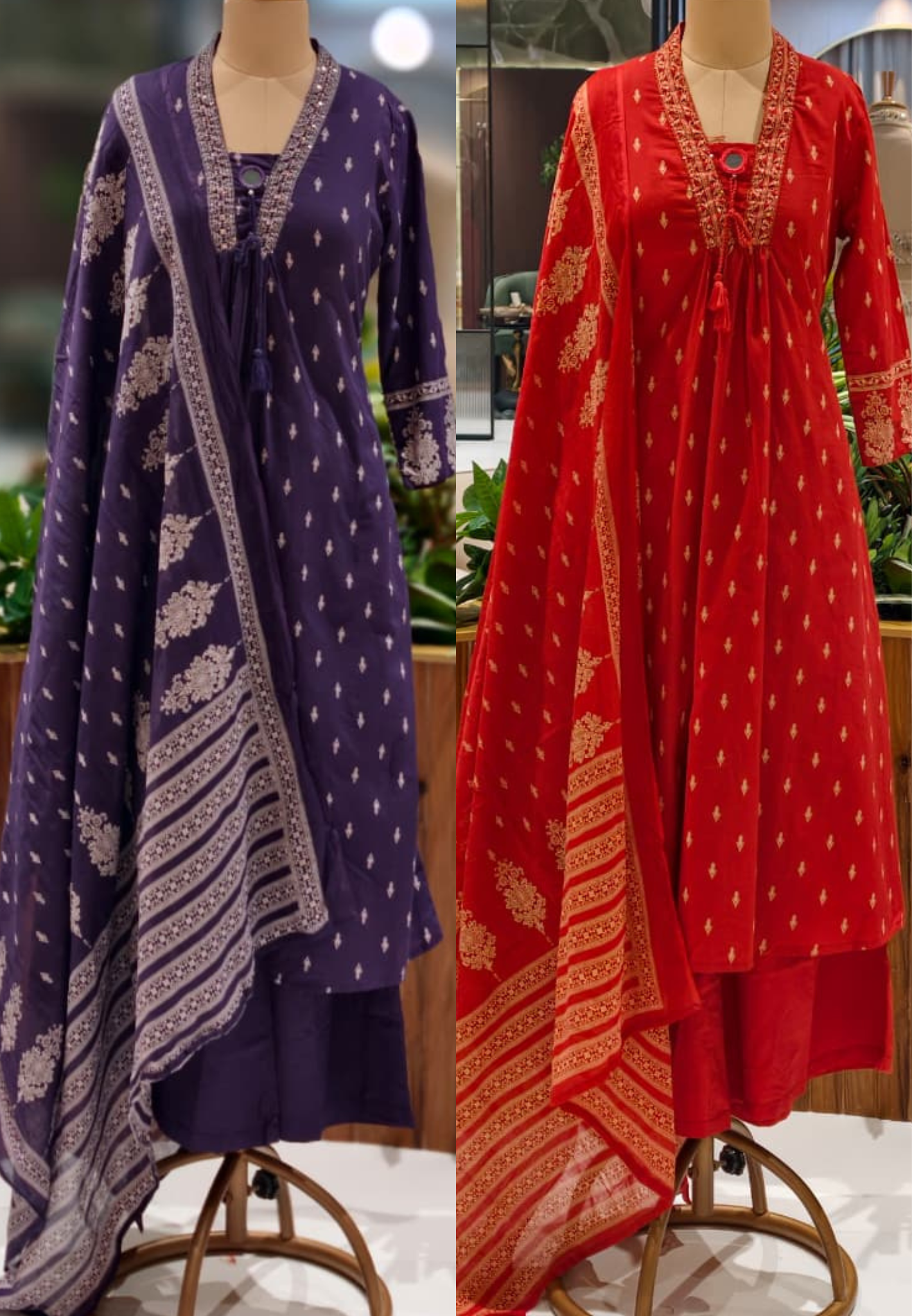 Minimal Neck Line Real Mirror Thread Tasseled A-Line Printed Full Suit Set With Dupatta In Cotton Fabric- 13047