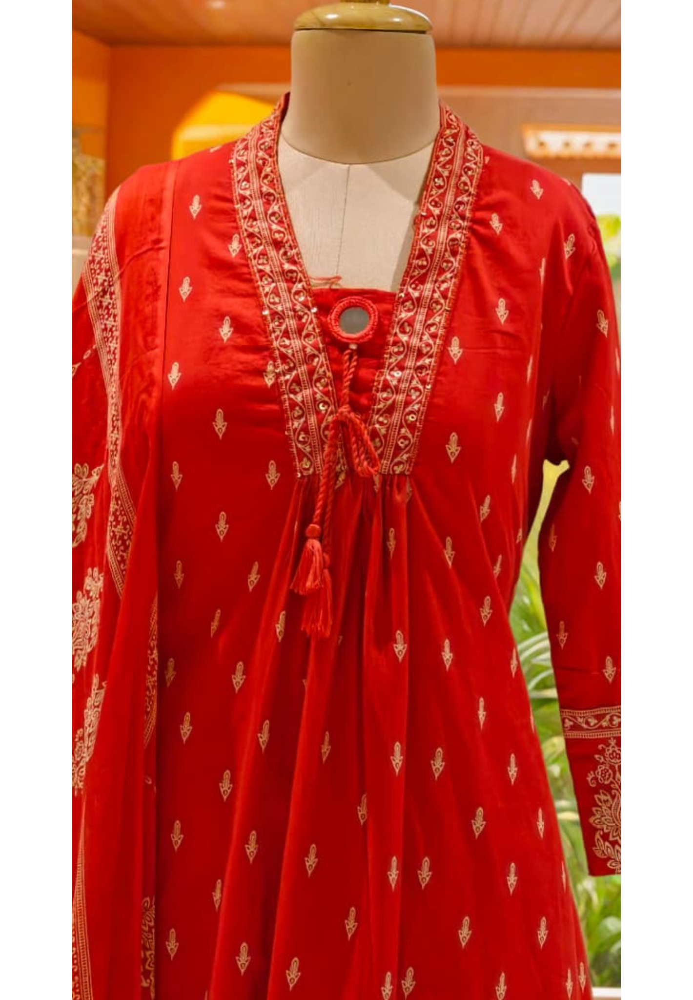 Minimal Neck Line Real Mirror Thread Tasseled A-Line Printed Full Suit Set With Dupatta In Cotton Fabric- 13047