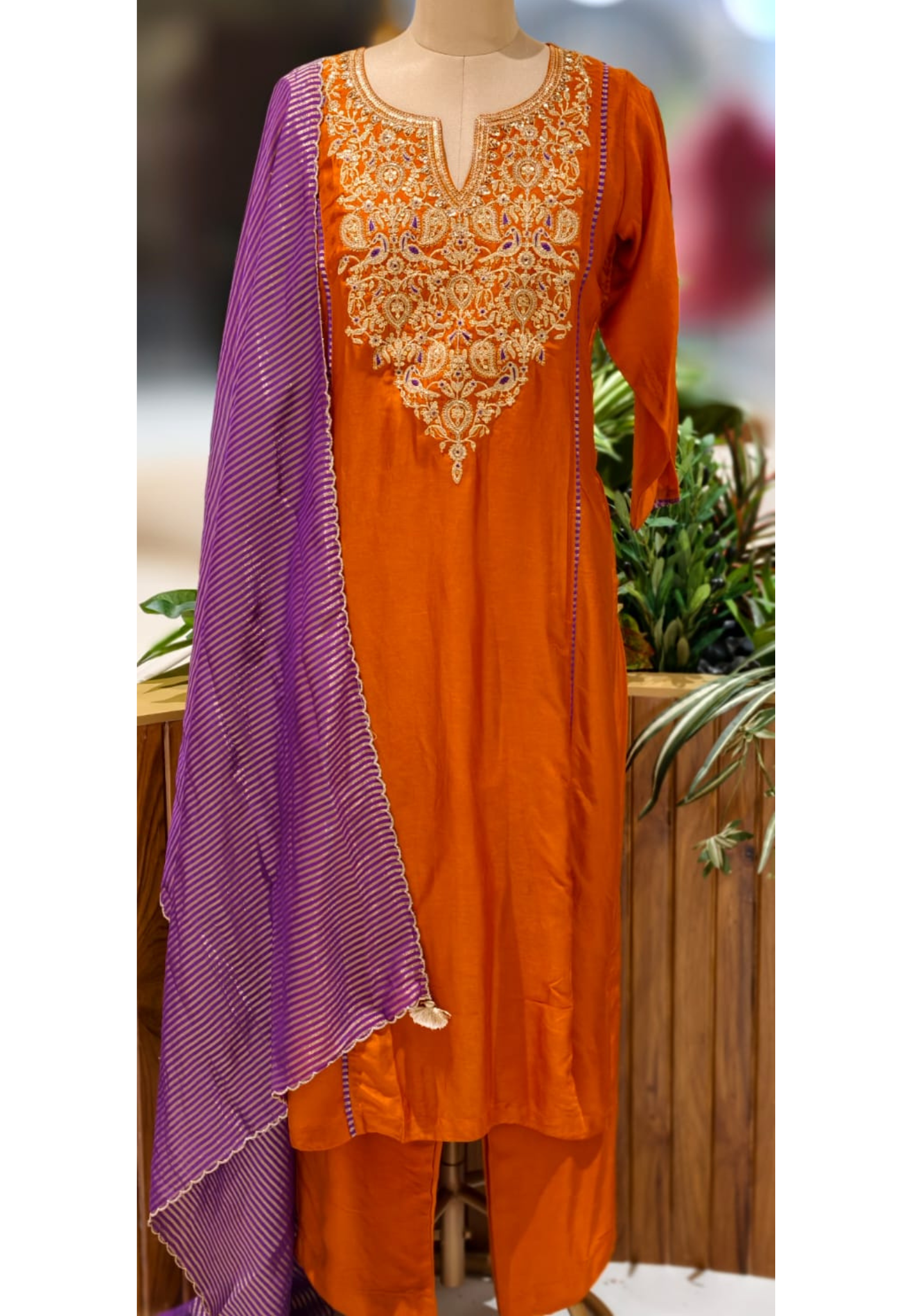 Purple Striped Zarina Yoke A-Line Full Suit Set With Dupatta In Dola Silk Fabric