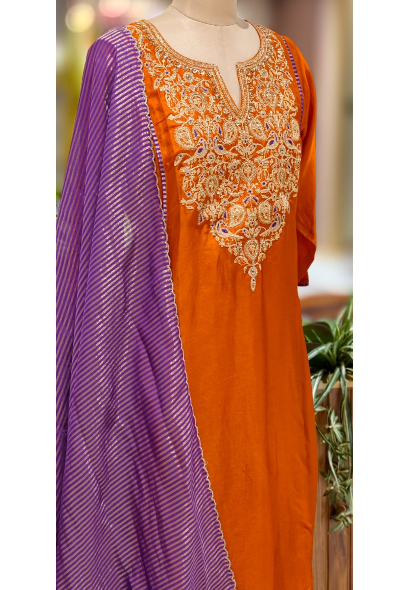 Purple Striped Zarina Yoke A-Line Full Suit Set With Dupatta In Dola Silk Fabric
