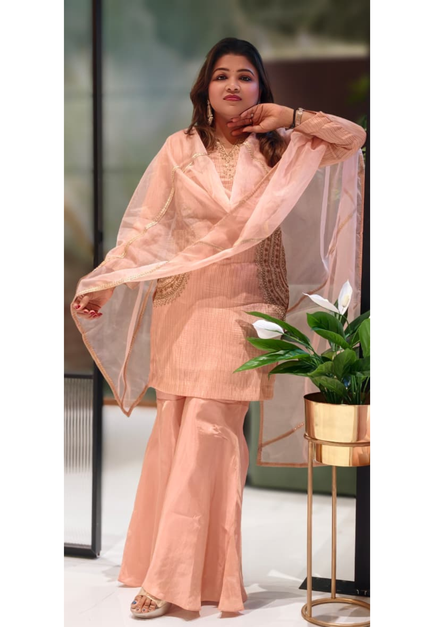 Fine Zardosi Work Golden Striped Full Suit Set With Tapered Palazzo Bottom & Dupatta In Tissue Fabric- 13056