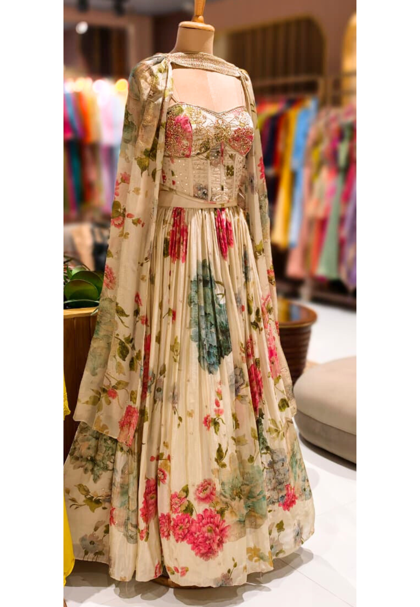 Multicolor Floral Prints Graceful Busted Sleeveless Crop-Top With Flared Skirt (Cane-Cane Inside) With Chowker Dupatta- 12356