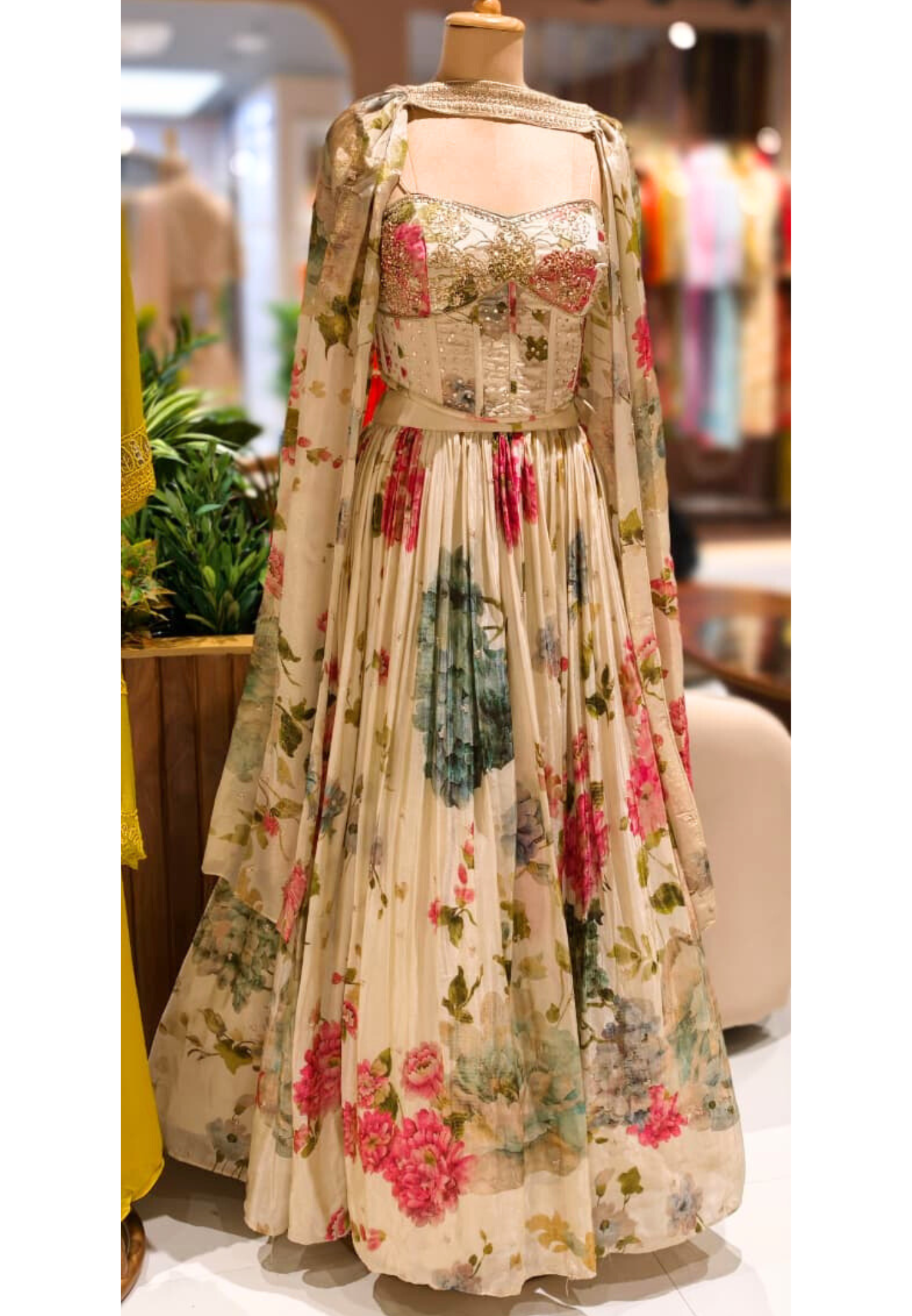 Multicolor Floral Prints Graceful Busted Sleeveless Crop-Top With Flared Skirt (Cane-Cane Inside) With Chowker Dupatta- 12356