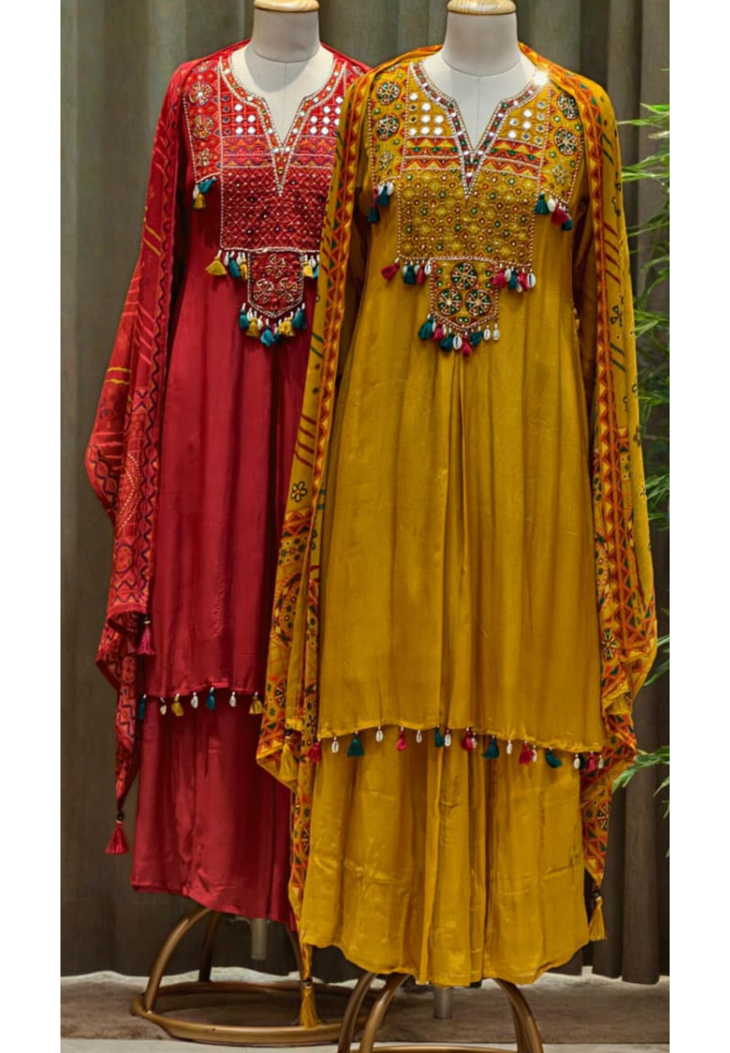 Boho Yoke Tasseled Rajasthani Look Chinon A-Line Full Suit Set With Dupatta- 13082