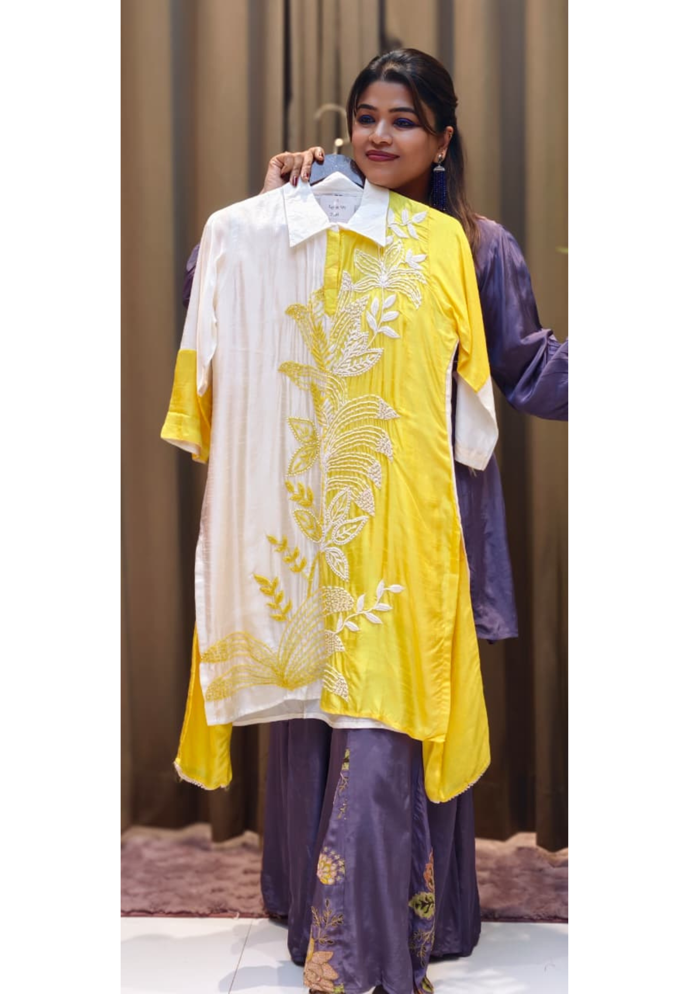 Cut-Dana Leafy Patterned Pastel Twin Color Co-Ord Set In Russian Silk Fabric- 12915